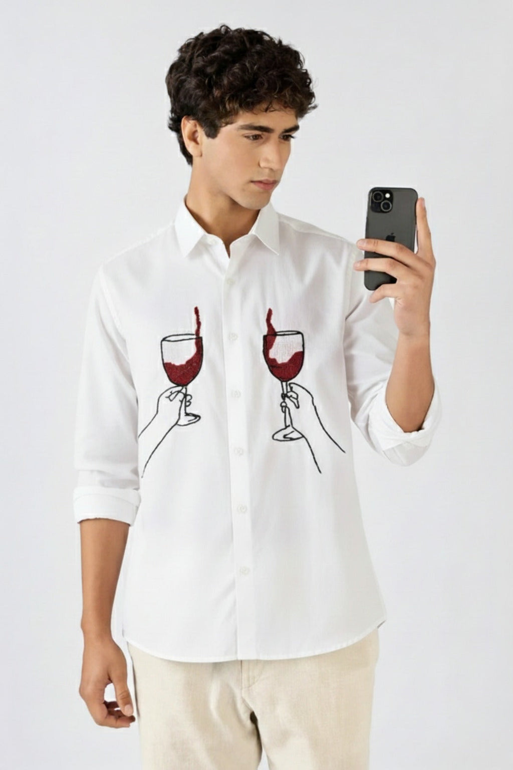 Men’s Wine Glass Embroidered Linen Shirt