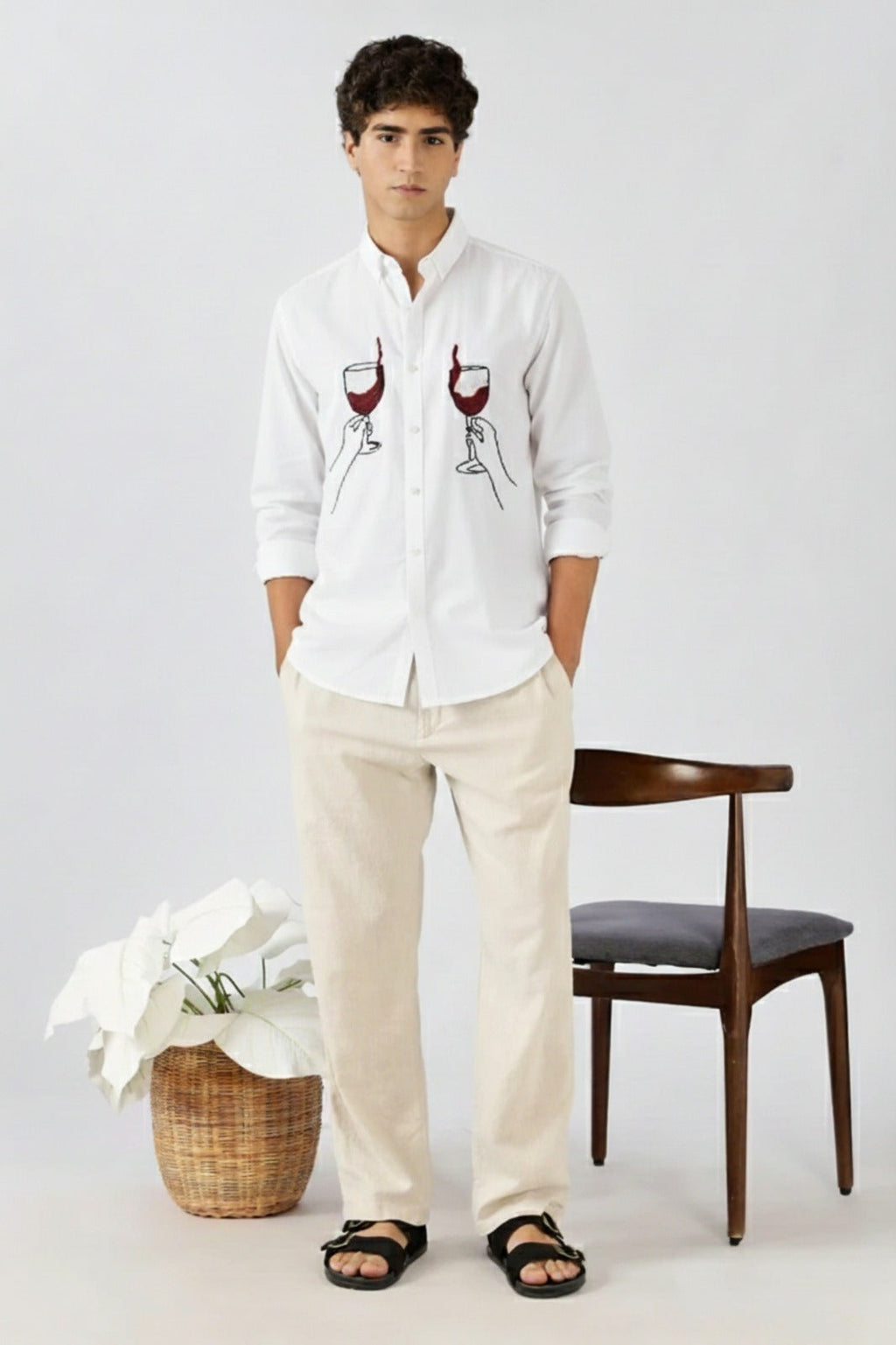 Men’s Wine Glass Embroidered Linen Shirt