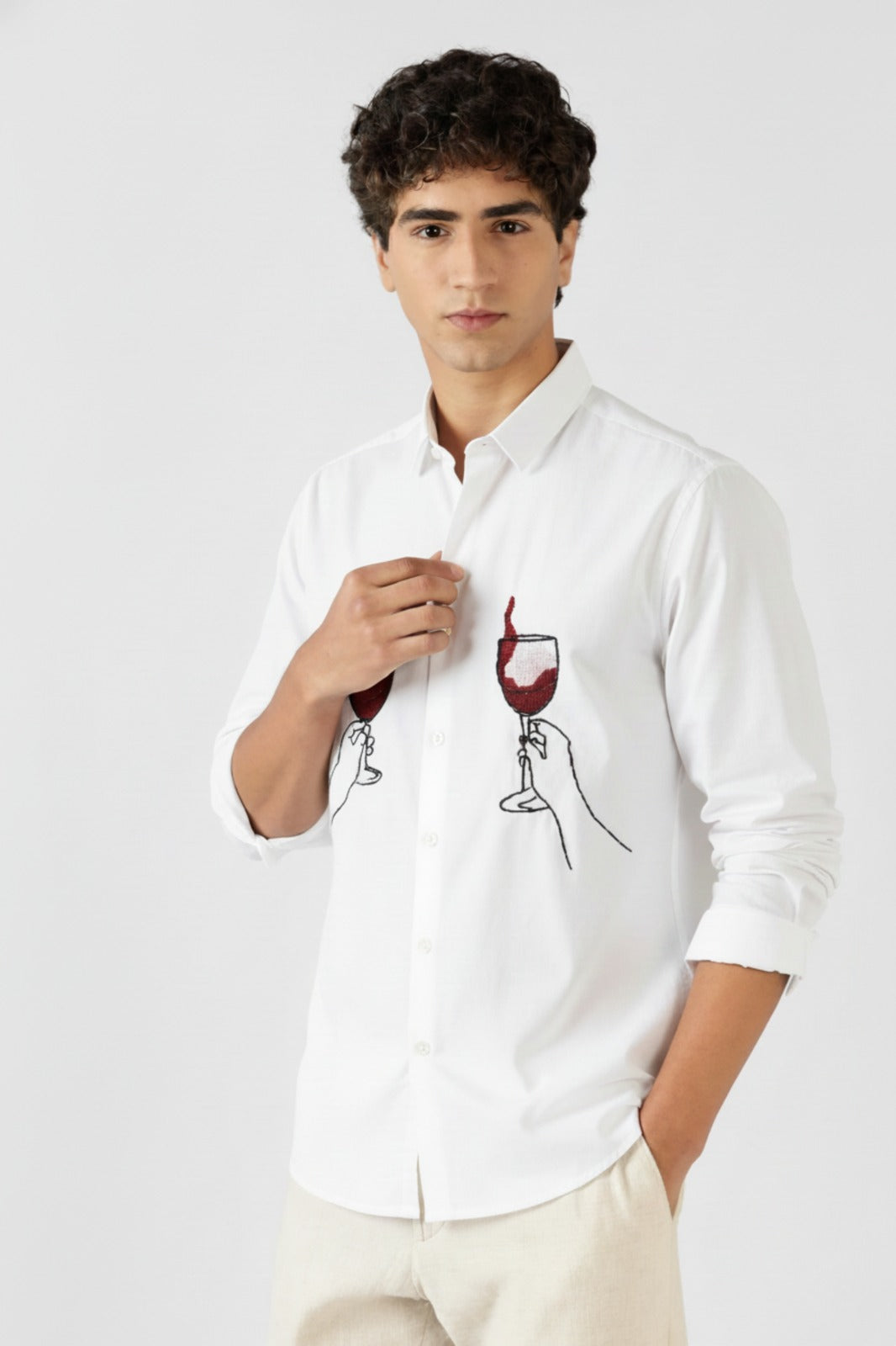Men’s Wine Glass Embroidered Linen Shirt