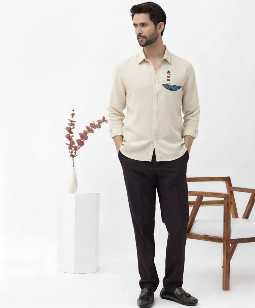 Men’s Light House Embroidered Linen Shirt