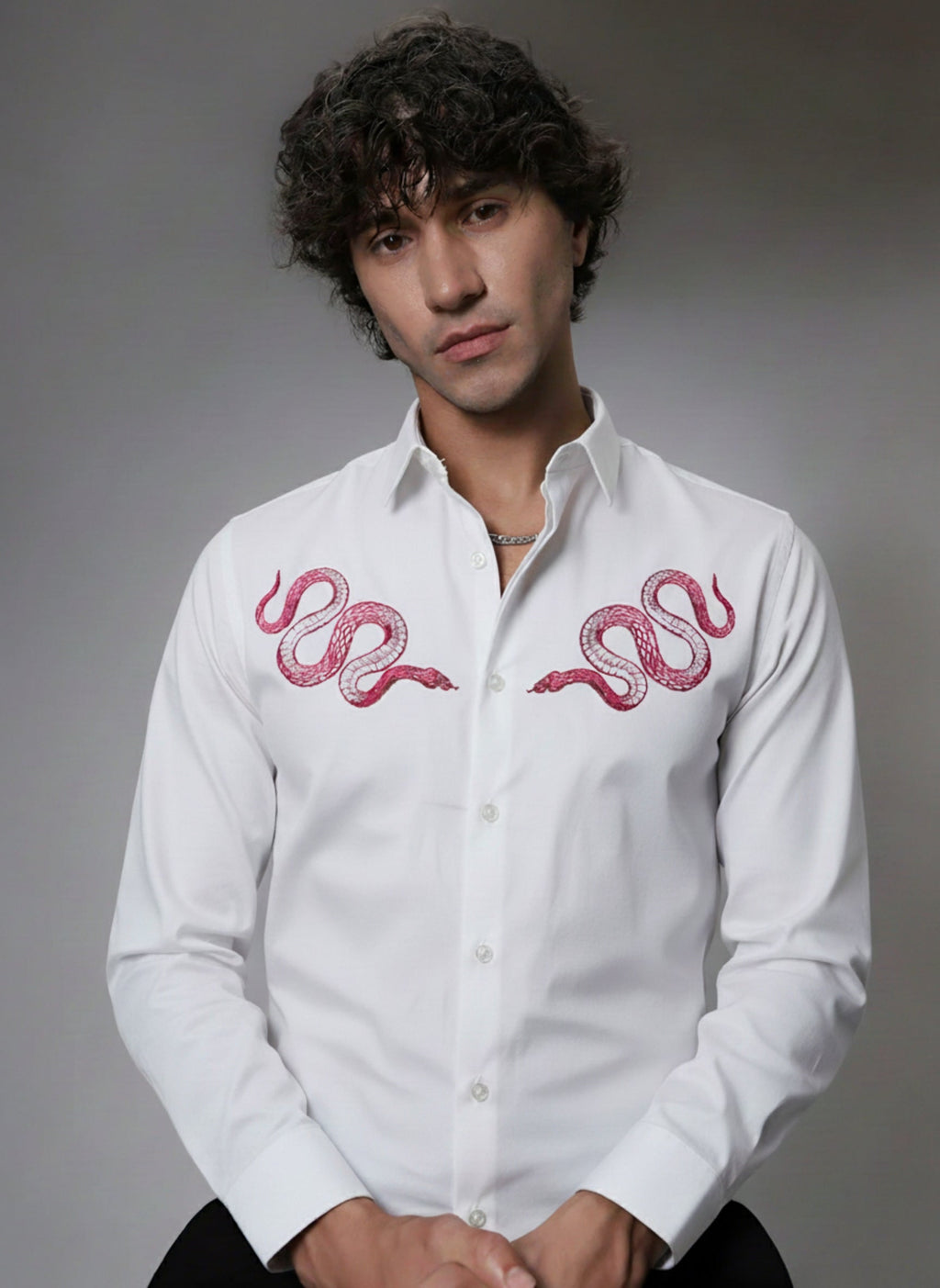 Men’s Pink Snake Embroidered Linen Shirt