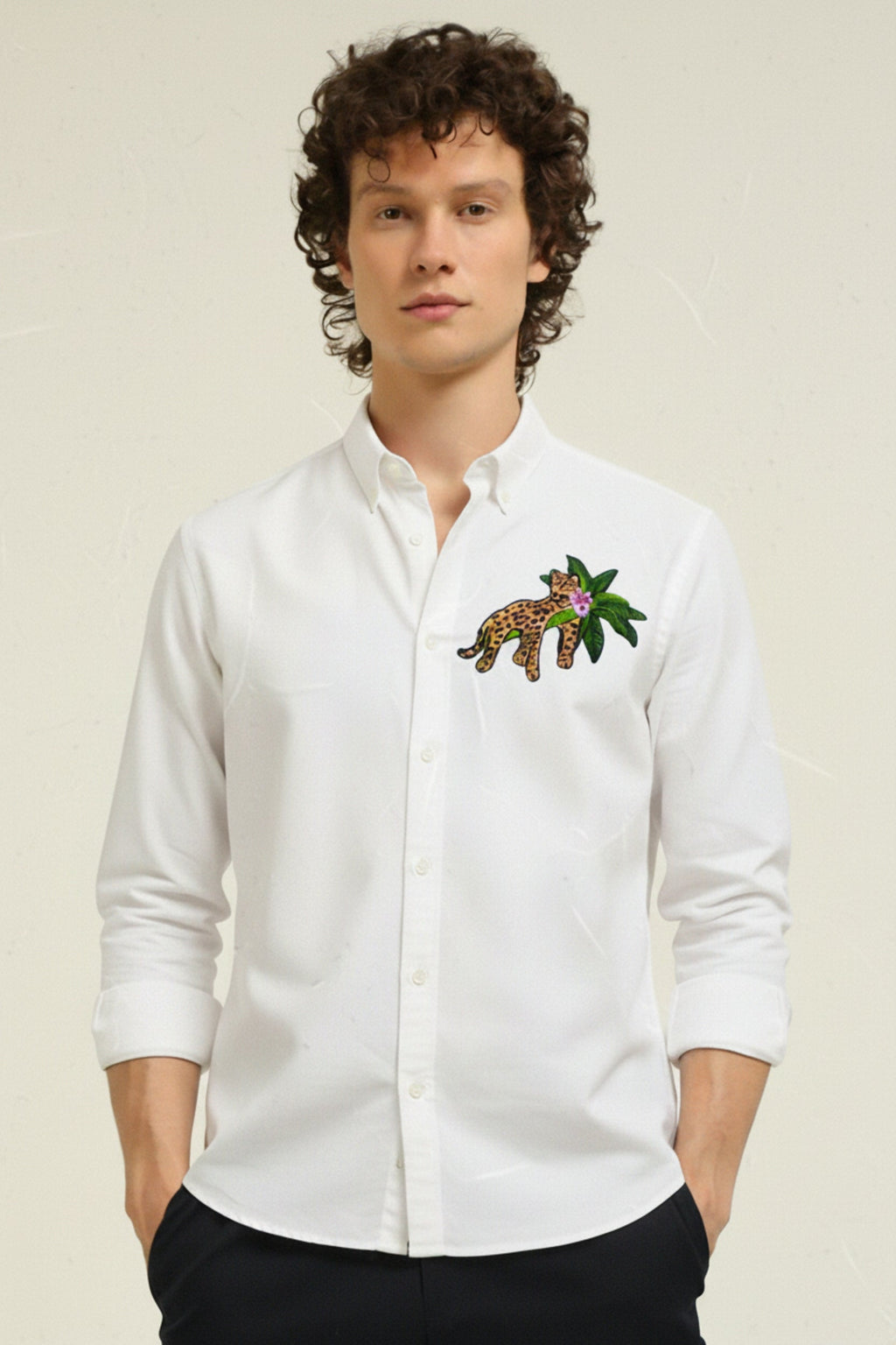 Men’s Leopard Embroidered Linen Shirt