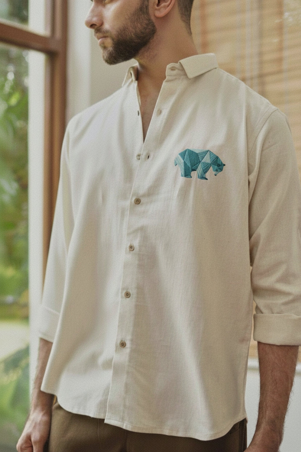 Men’s Bear Embroidered Linen Shirt