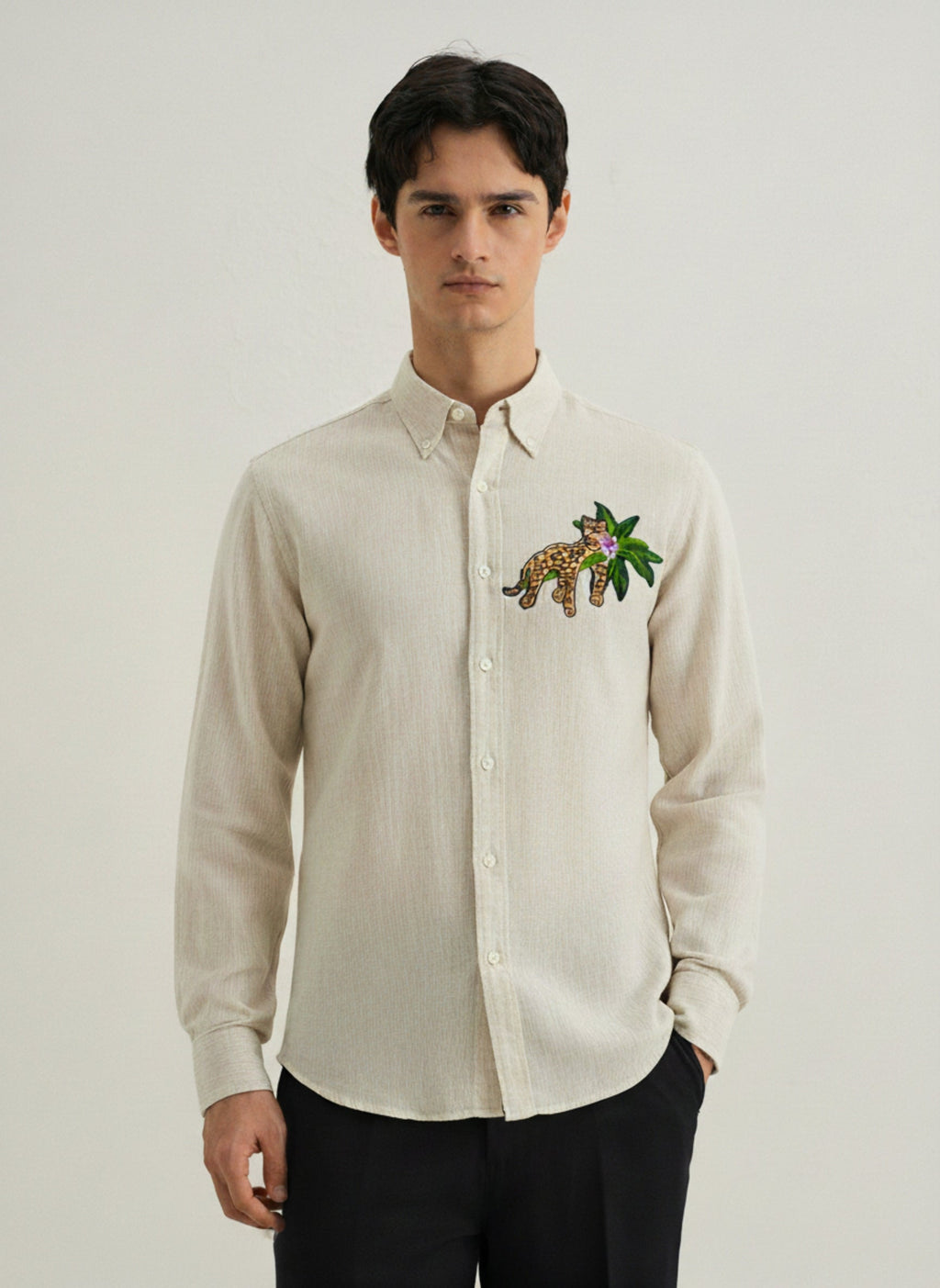 Men’s Leopard Embroidered Linen Shirt