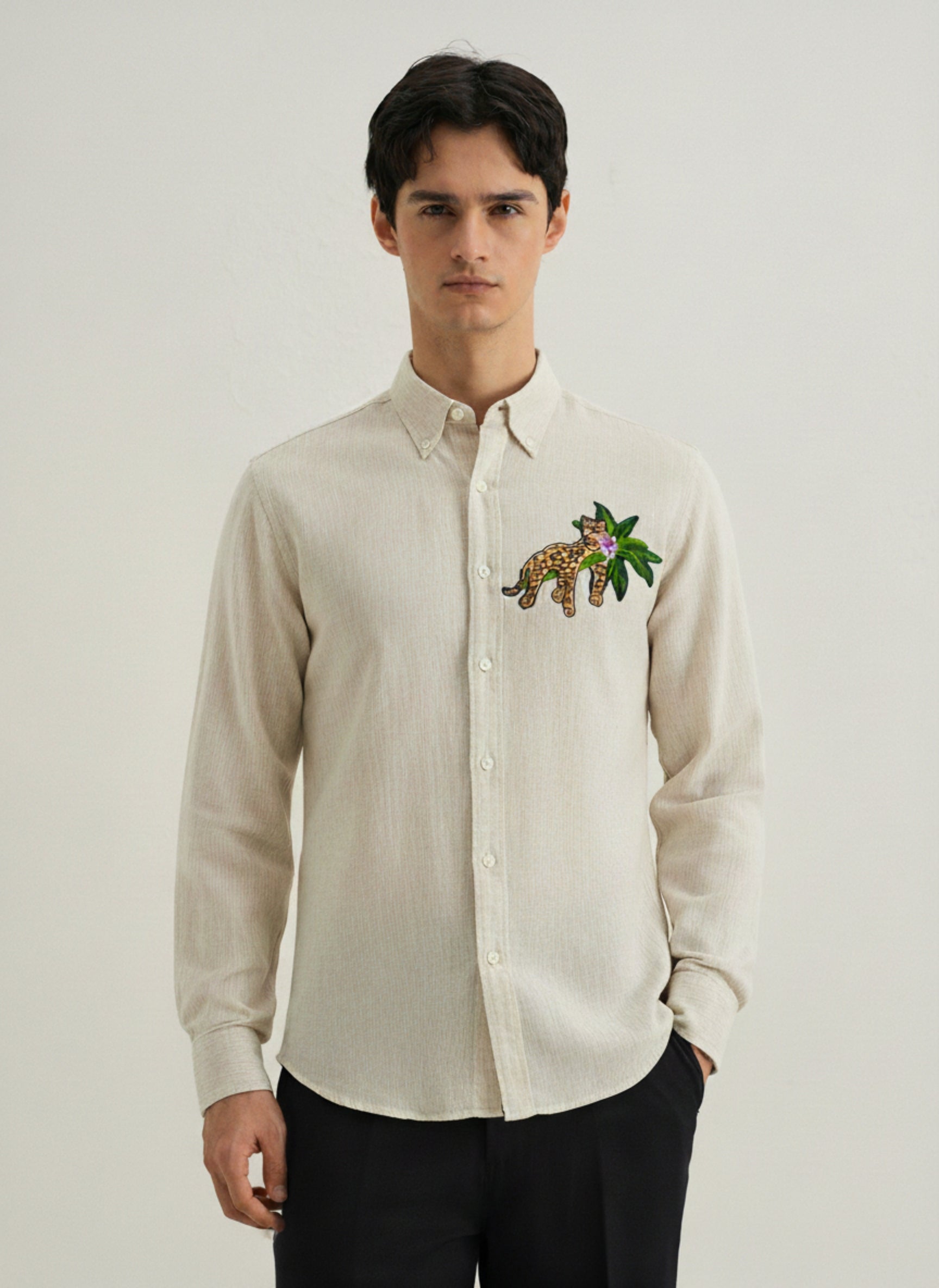 Men’s Leopard Embroidered Linen Shirt