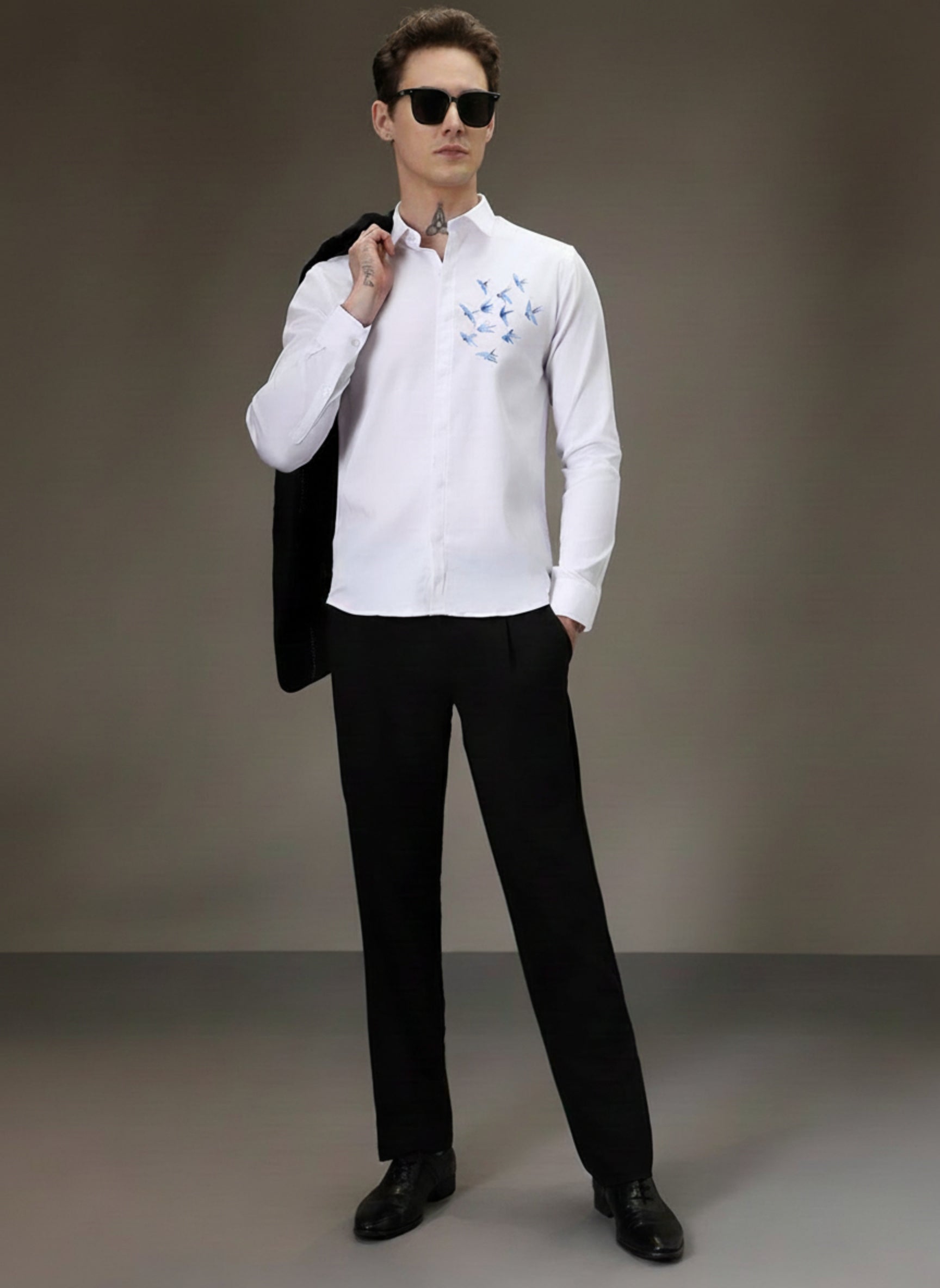 Men’s Blue Bird Embroidered Linen Shirt
