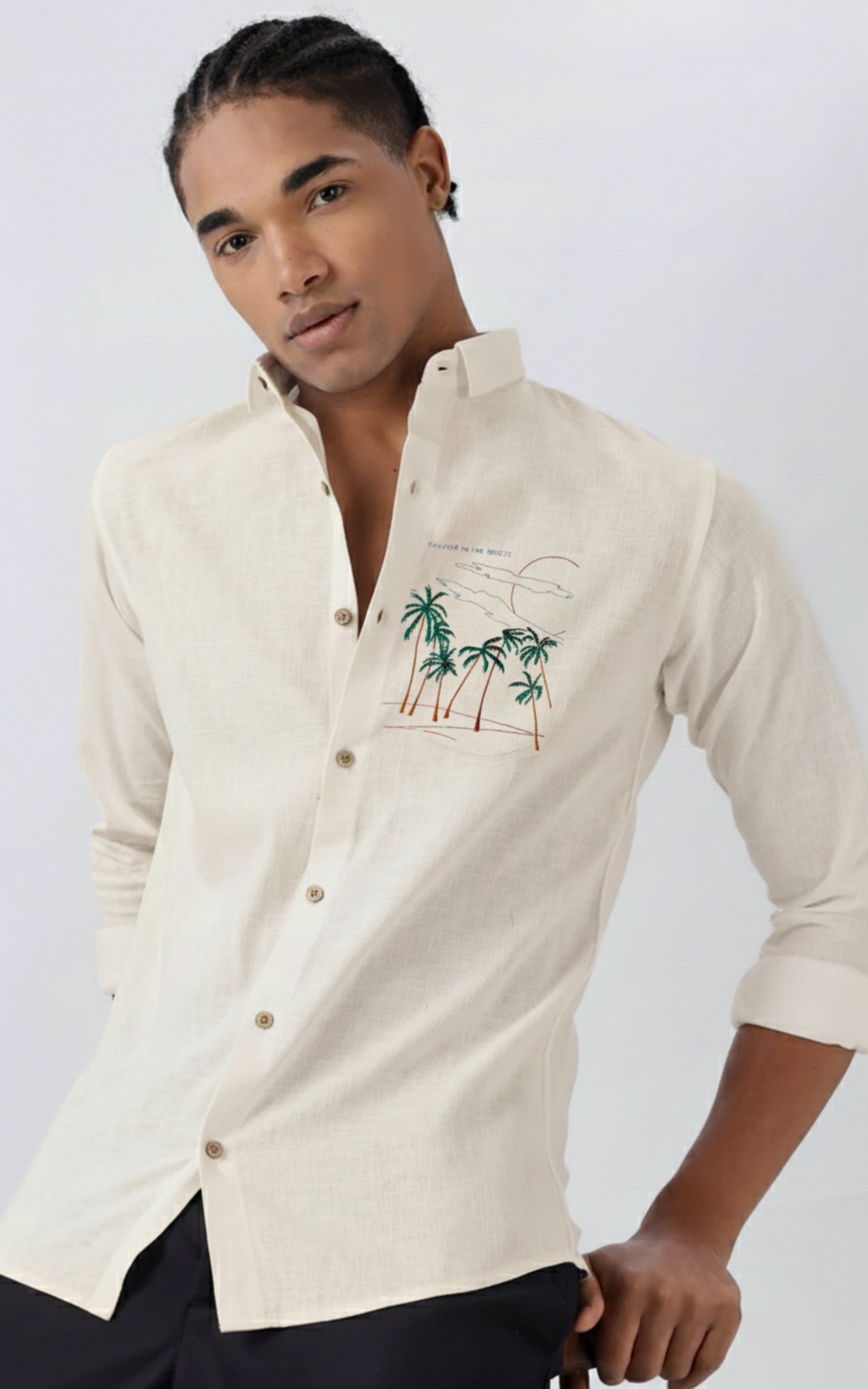 Men’s Landscape Embroidered Linen Shirt