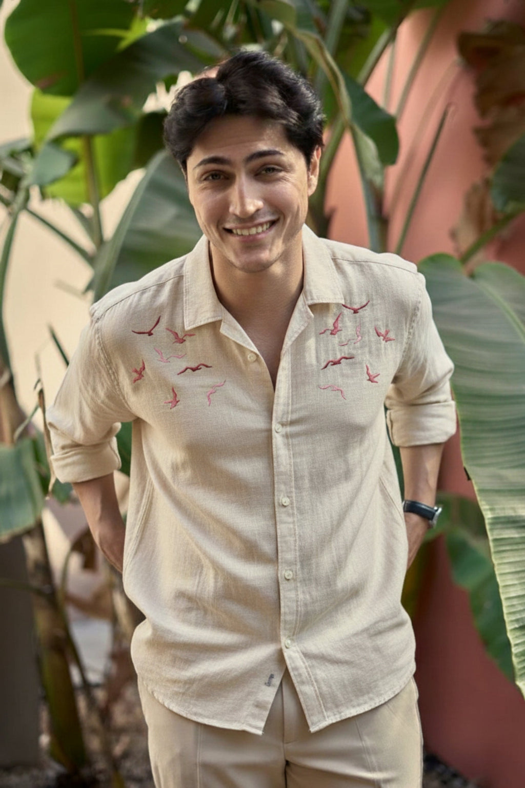 Men’s Seagull Embroidered Linen Shirt
