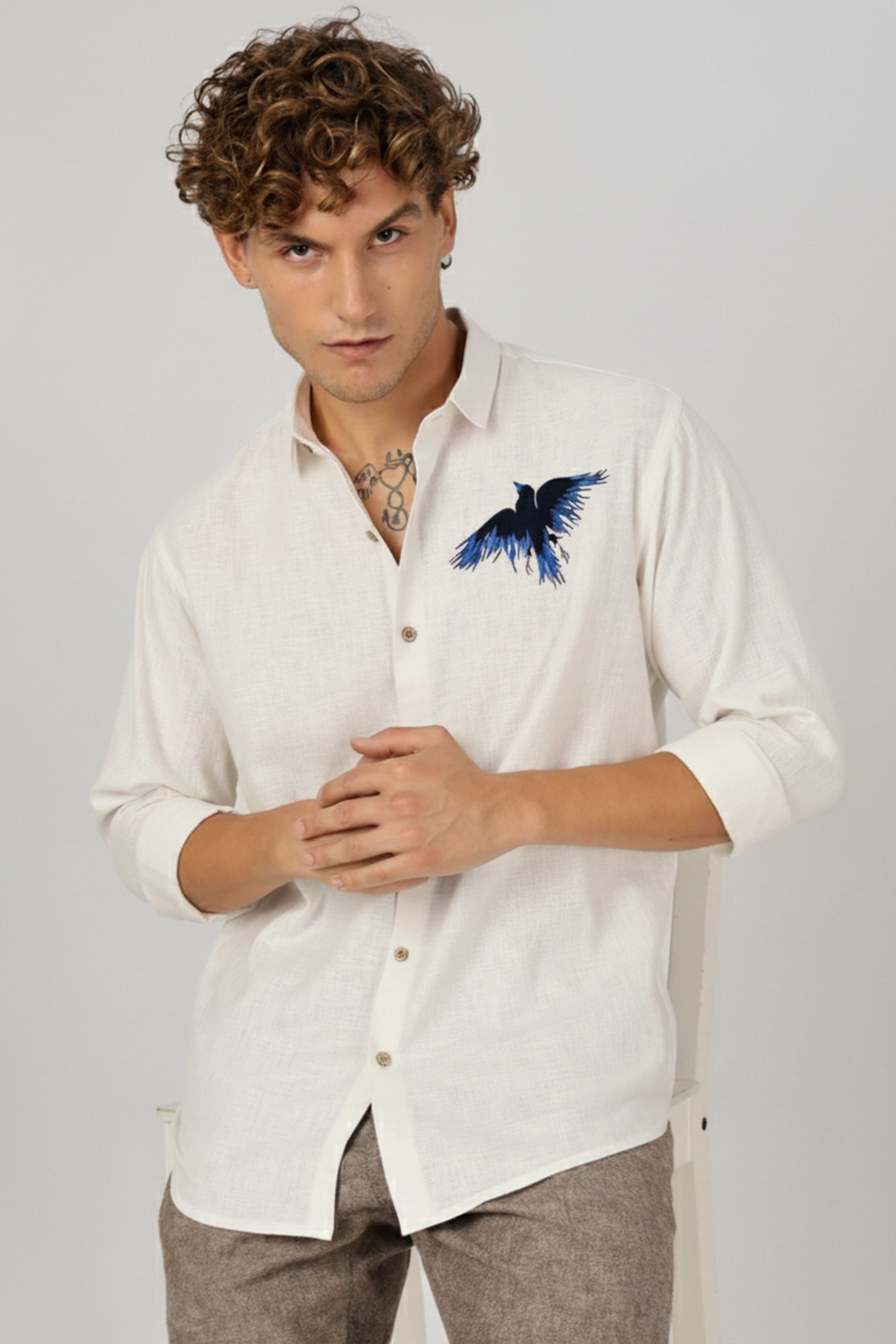 Men’s Blue Eagle Embroidered Linen Shirt
