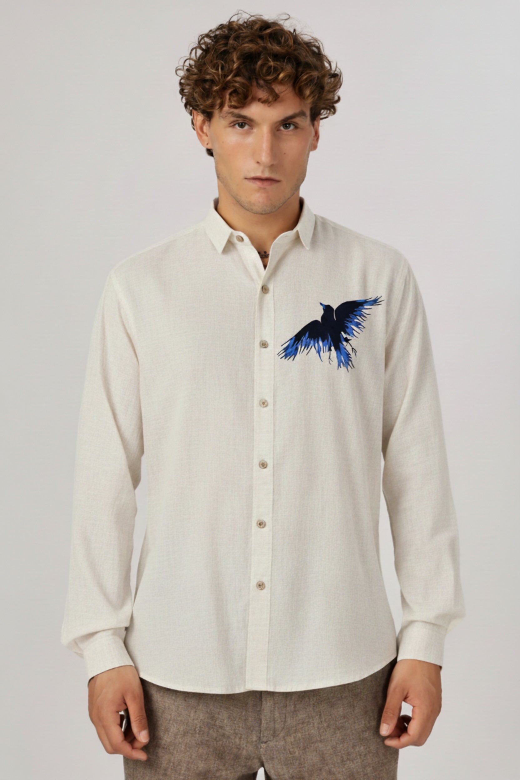 Men’s Blue Eagle Embroidered Linen Shirt