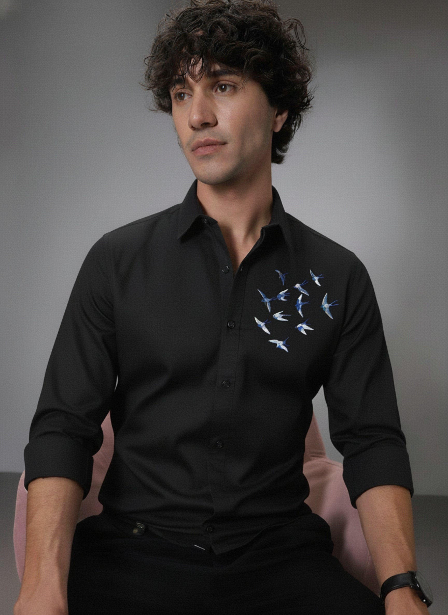 Men’s Blue Bird Embroidered Linen Shirt