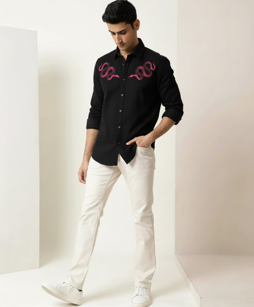Men’s Pink Snake Embroidered Linen Shirt