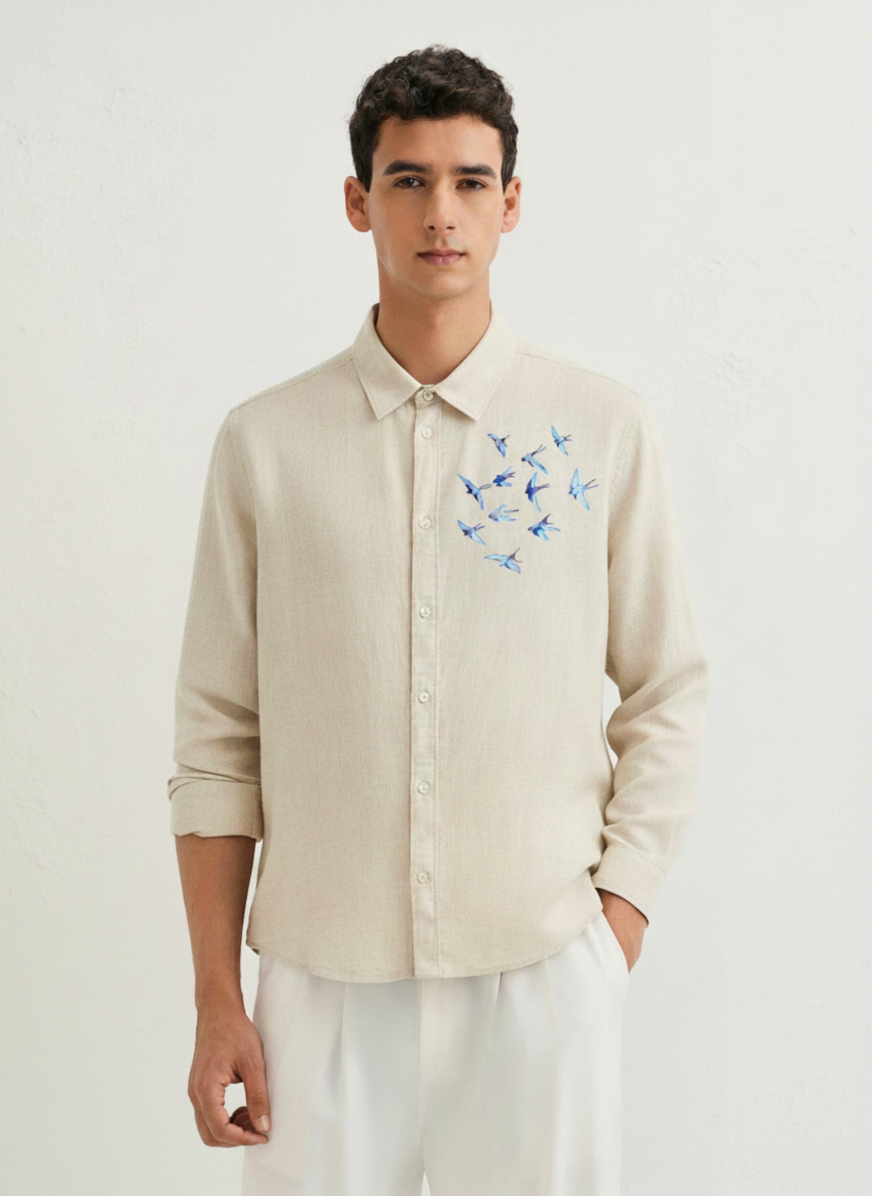 Men’s Blue Bird Embroidered Linen Shirt