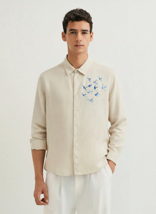 Men’s Blue Bird Embroidered Linen Shirt