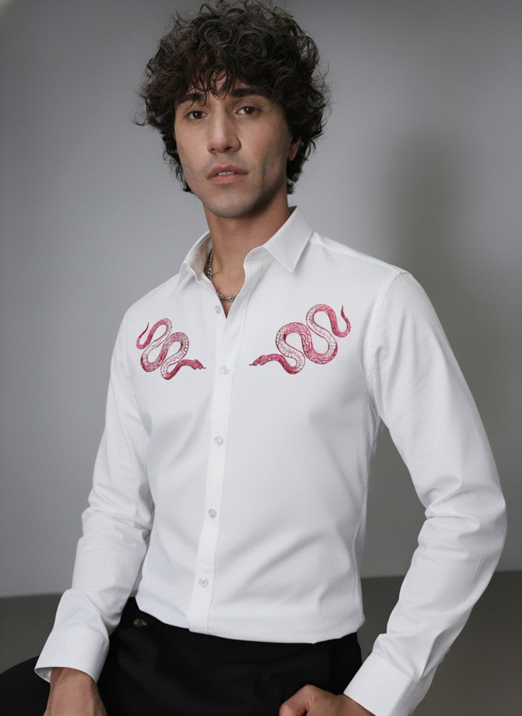 Men’s Pink Snake Embroidered Linen Shirt