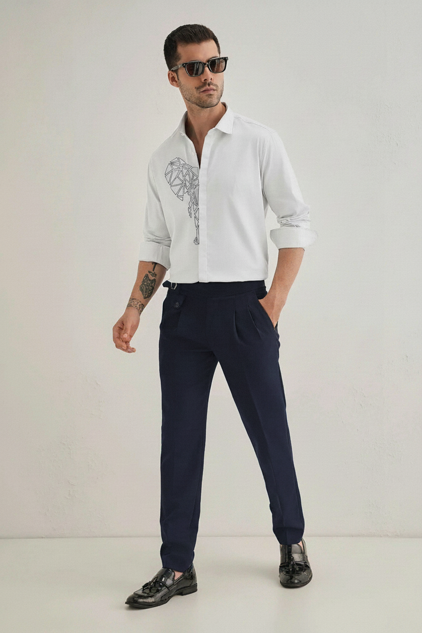 Men’s Geometric Elephant Embroidered Linen Shirt
