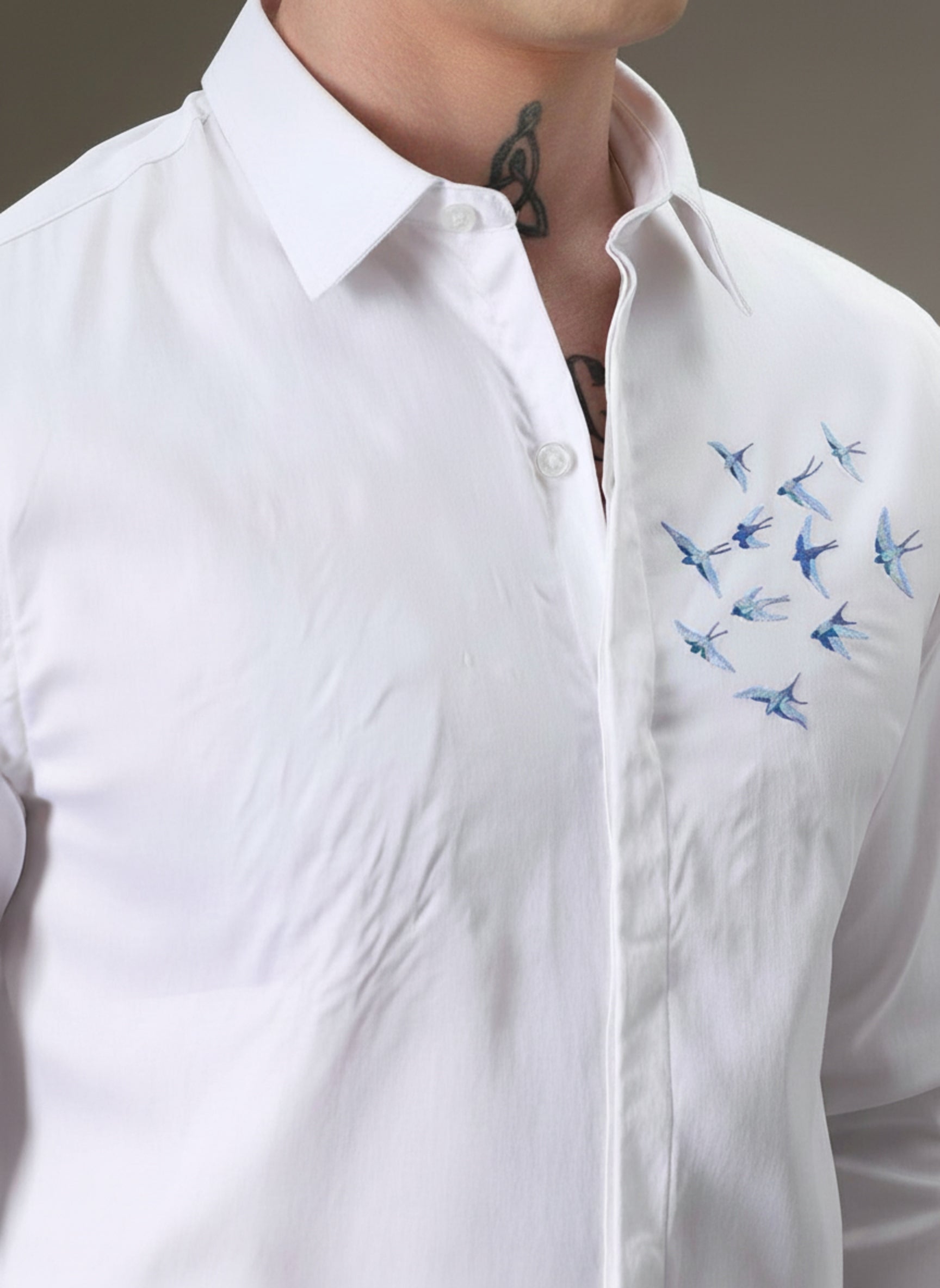 Men’s Blue Bird Embroidered Linen Shirt