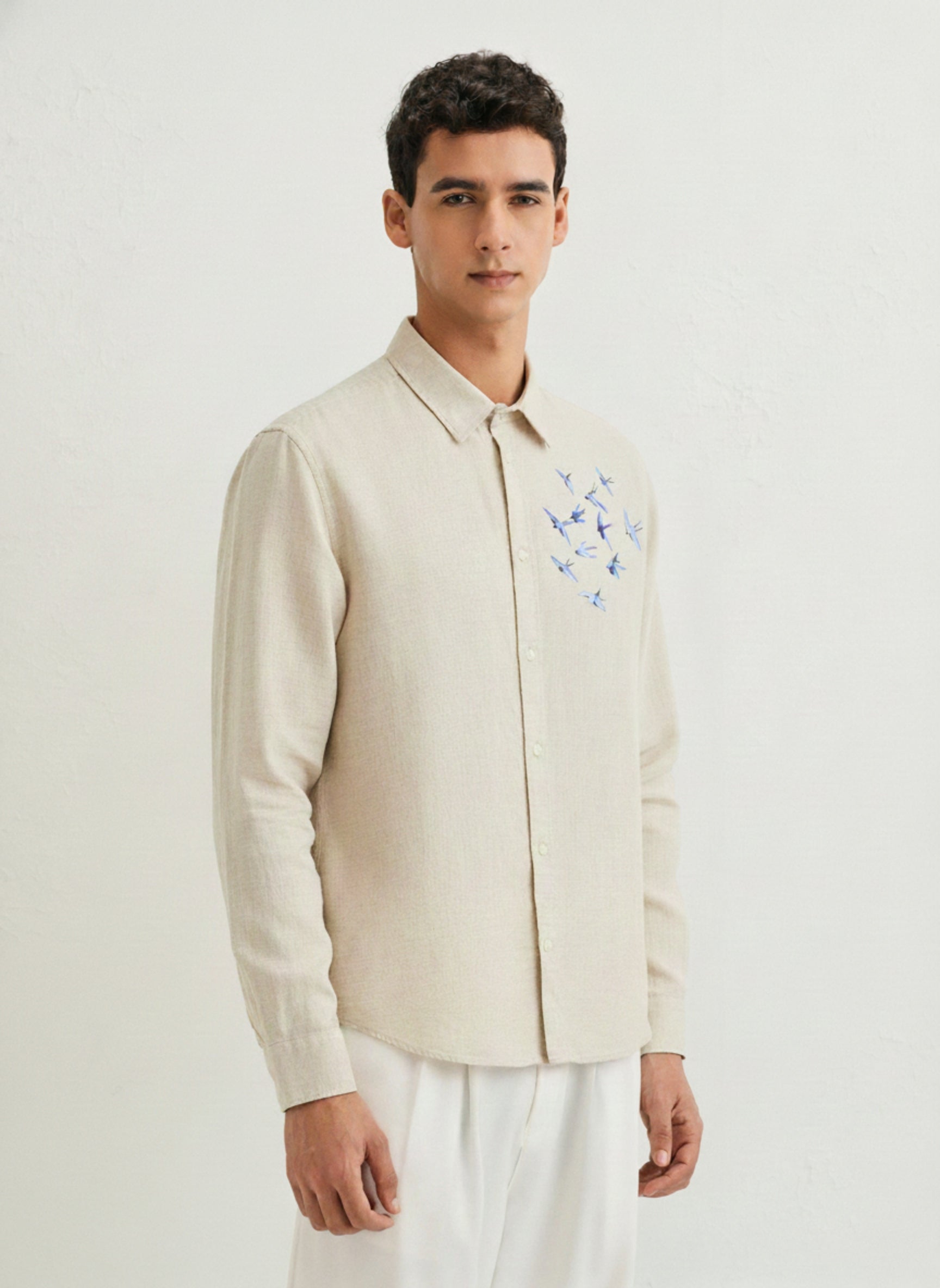 Men’s Blue Bird Embroidered Linen Shirt