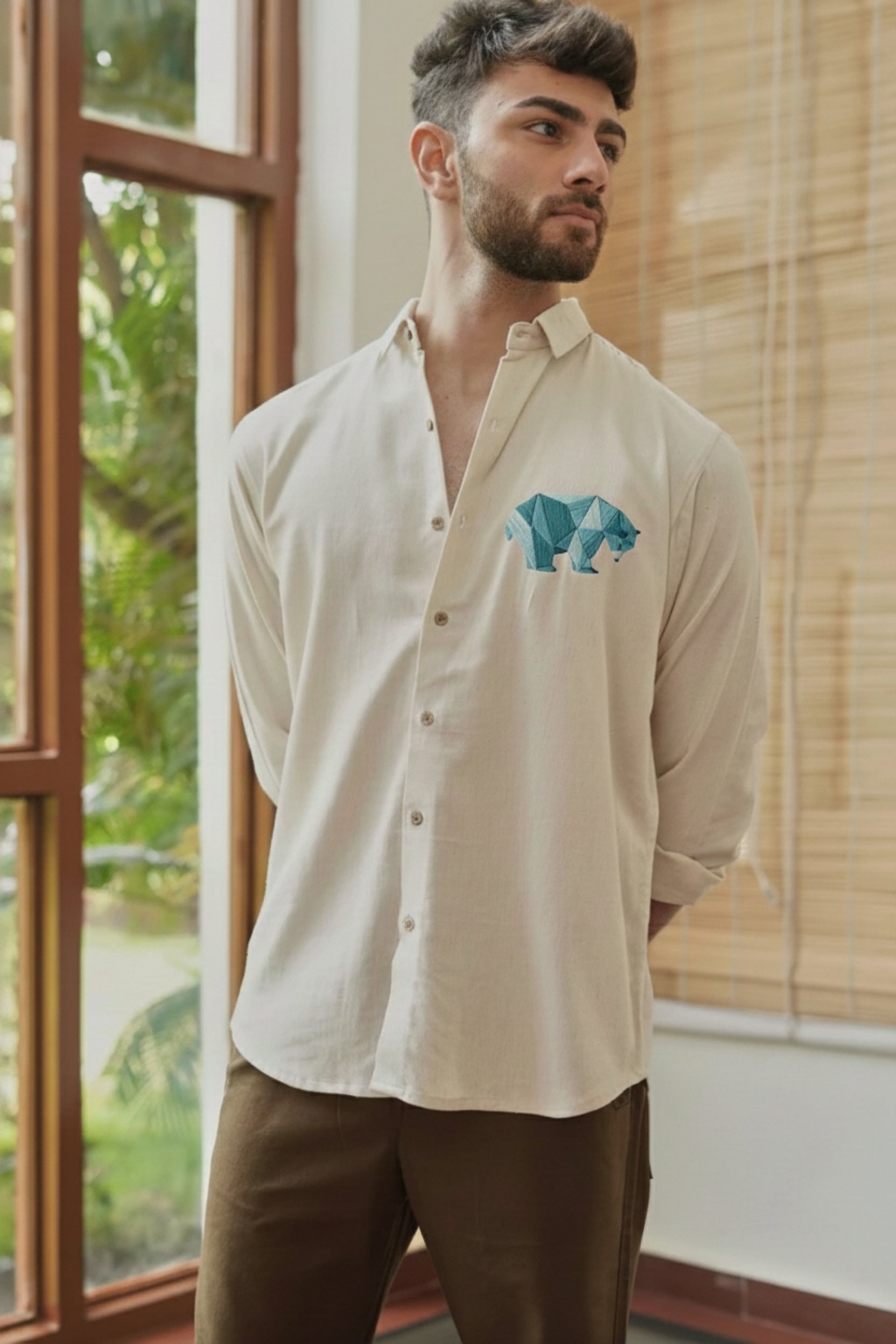 Men’s Bear Embroidered Linen Shirt