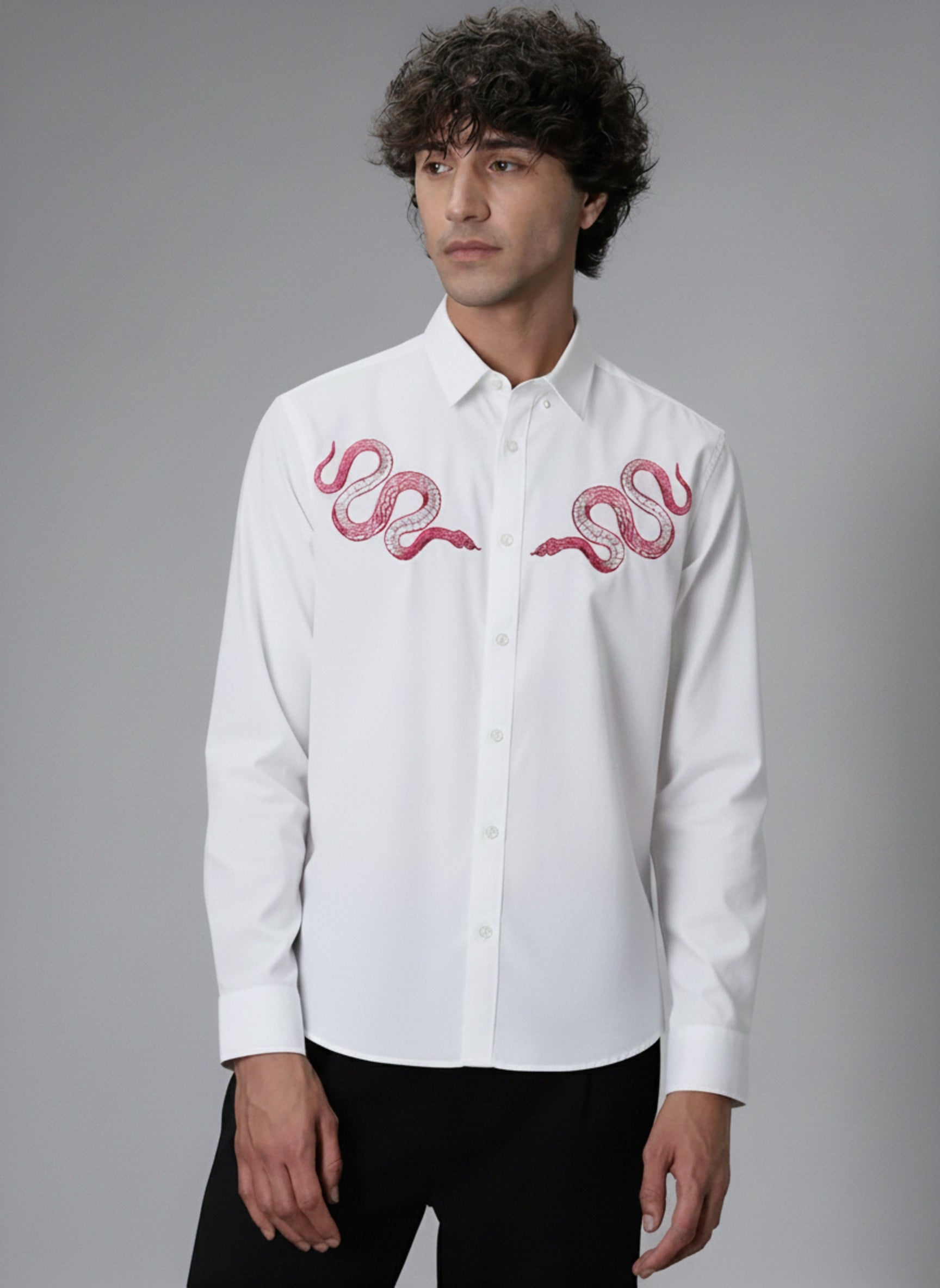 Men’s Pink Snake Embroidered Linen Shirt