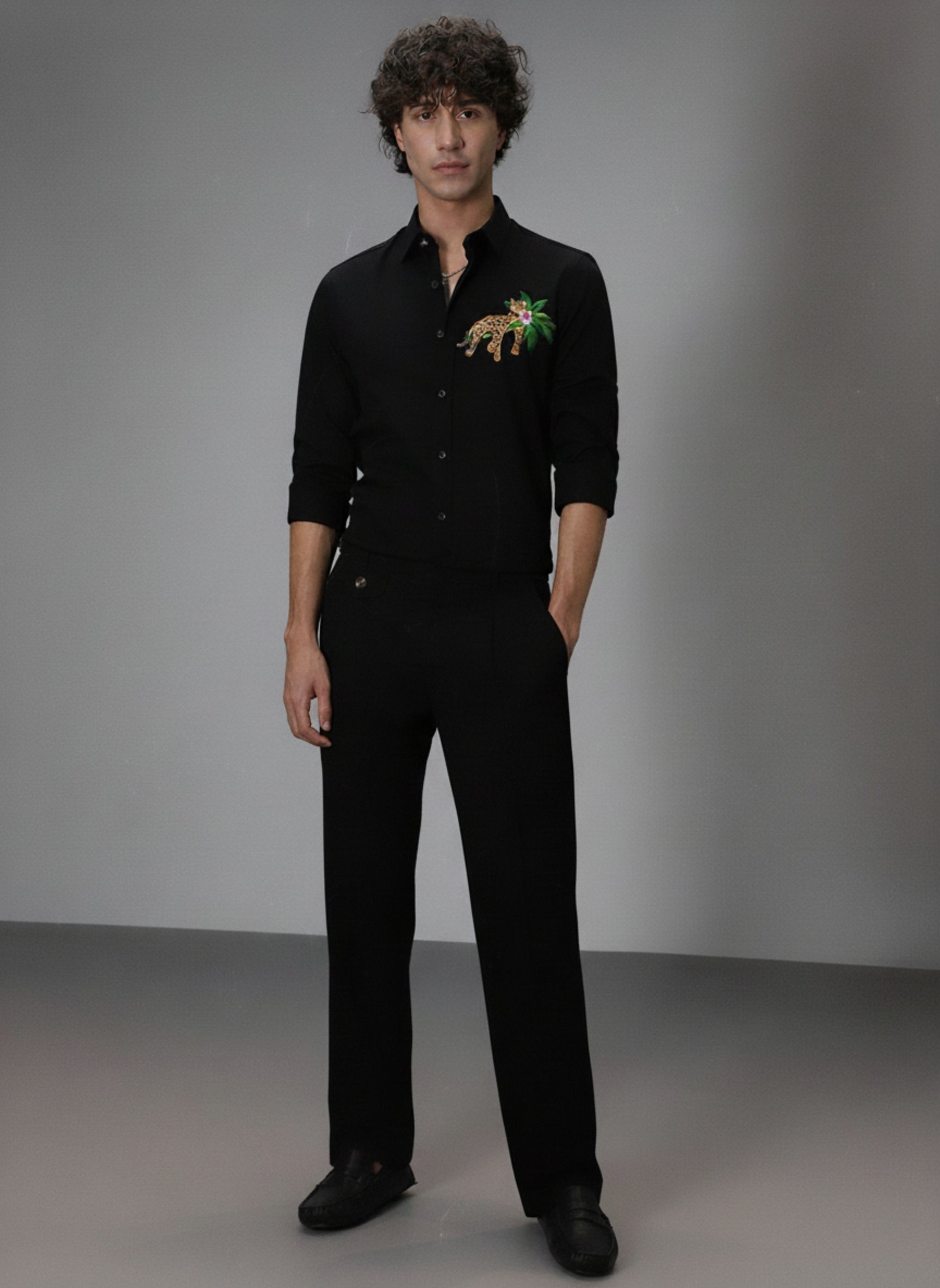 Men’s Leopard Embroidered Linen Shirt