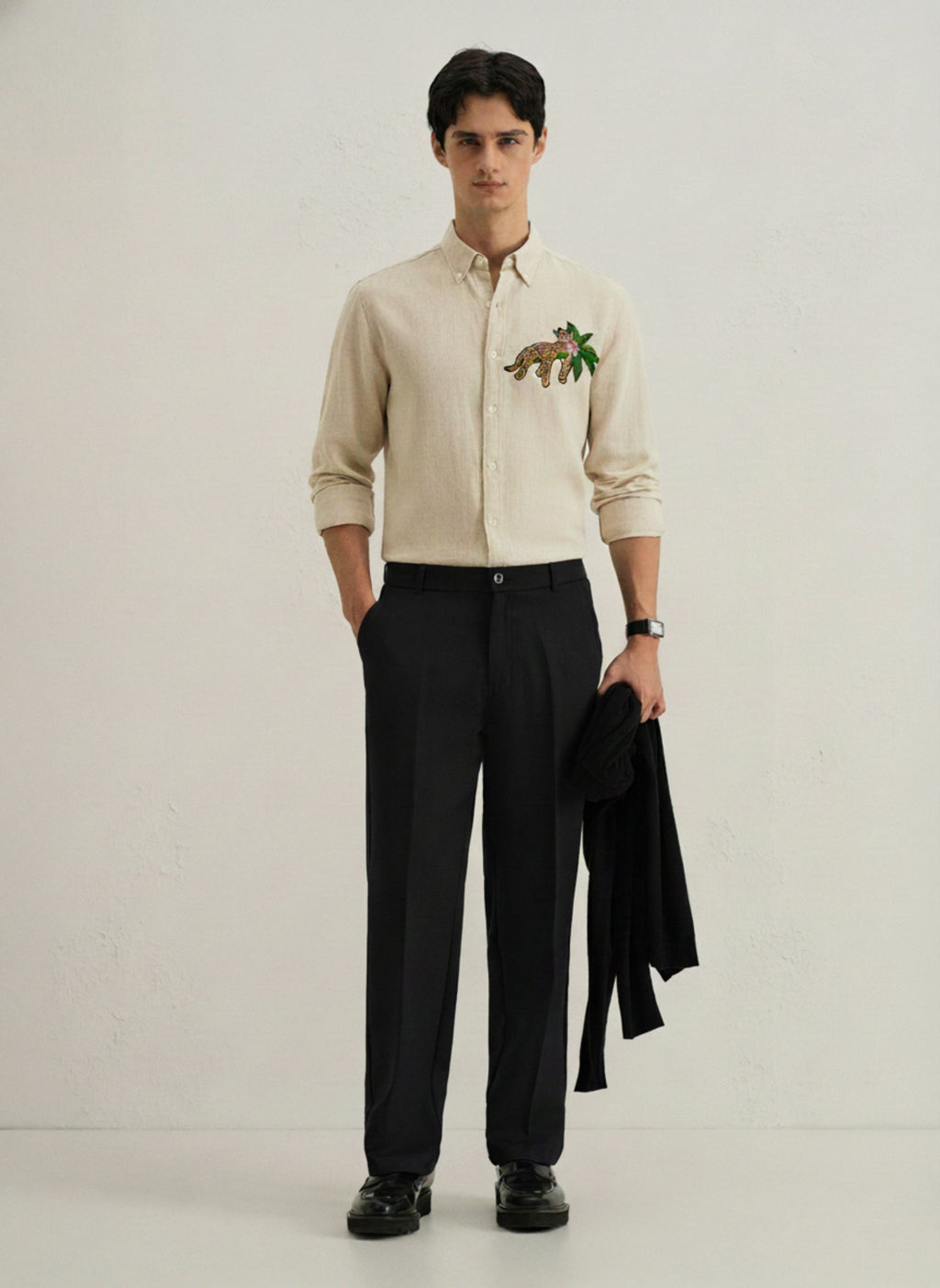 Men’s Leopard Embroidered Linen Shirt