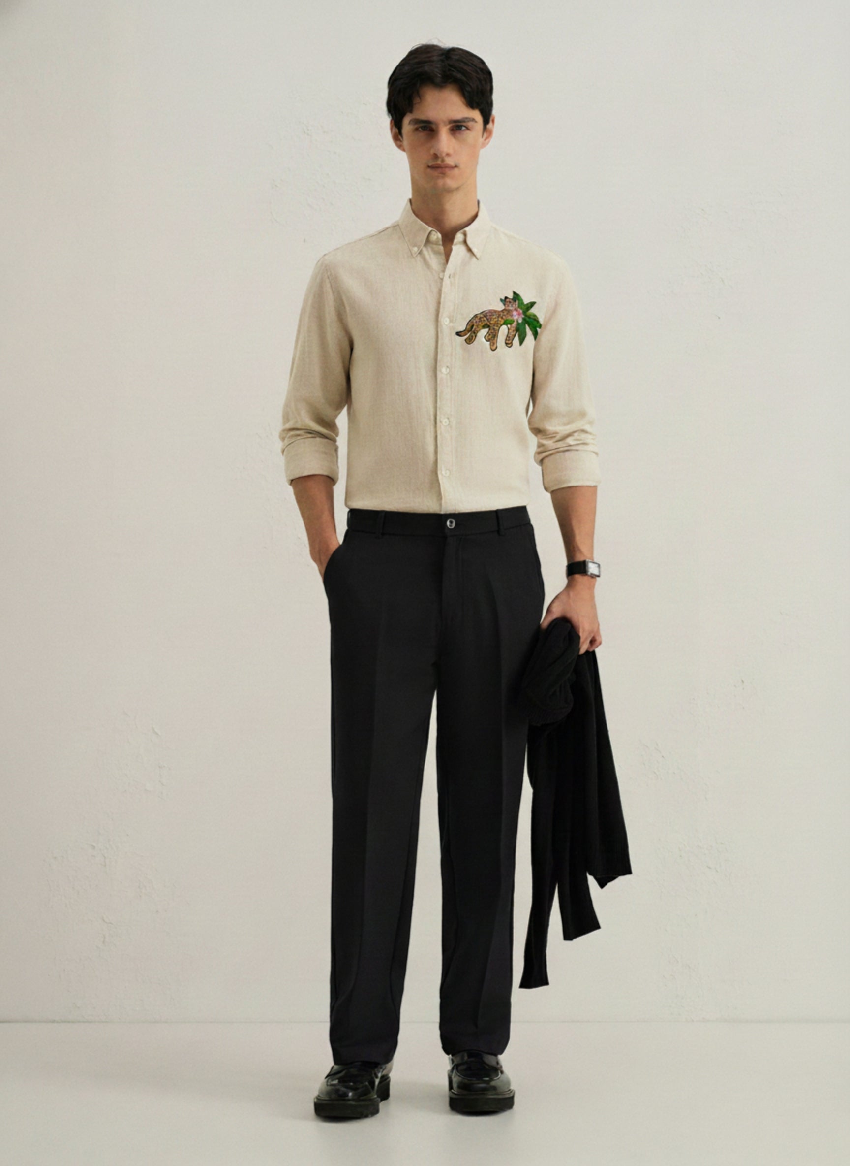 Men’s Leopard Embroidered Linen Shirt