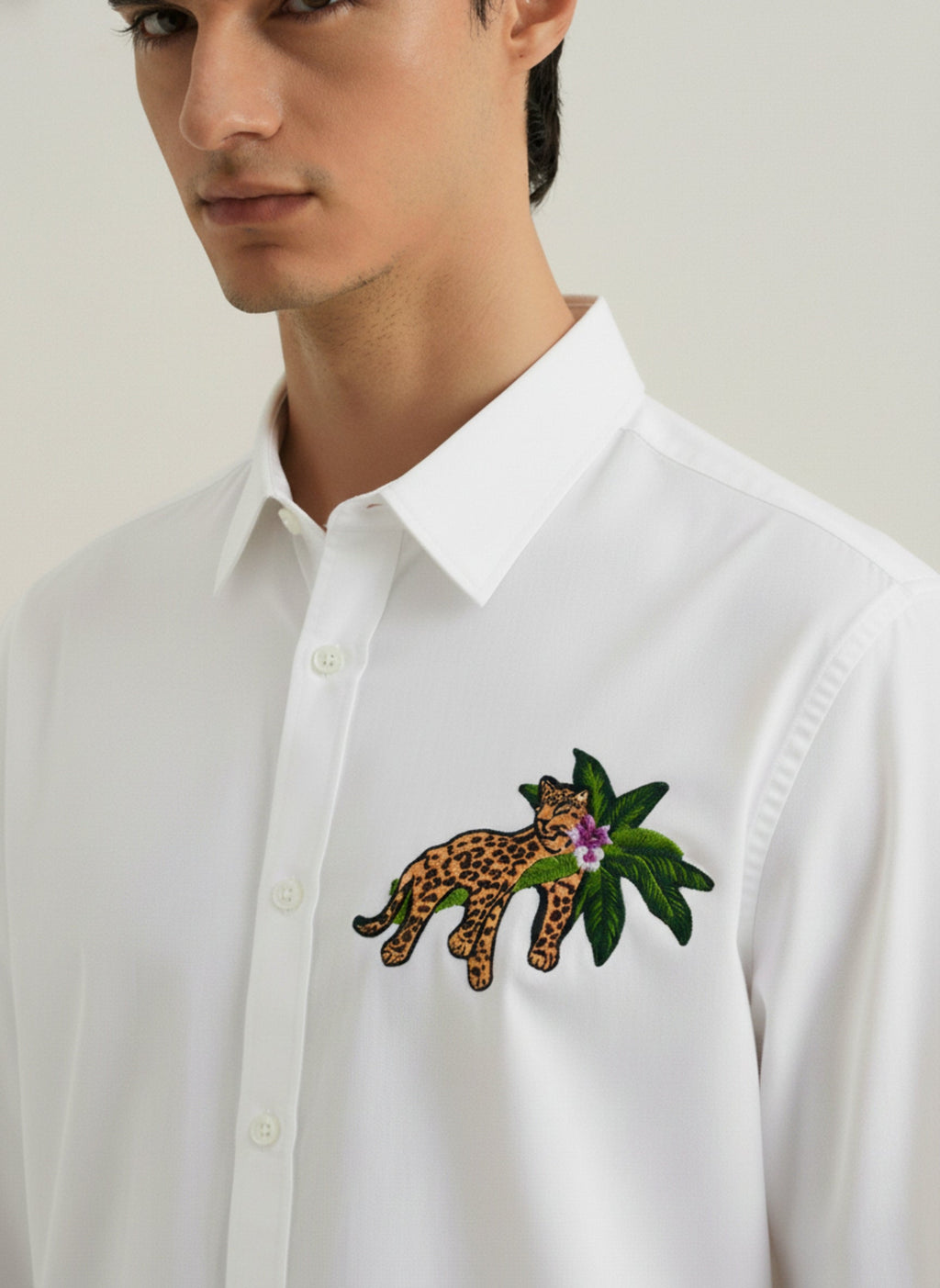 Men’s Leopard Embroidered Linen Shirt
