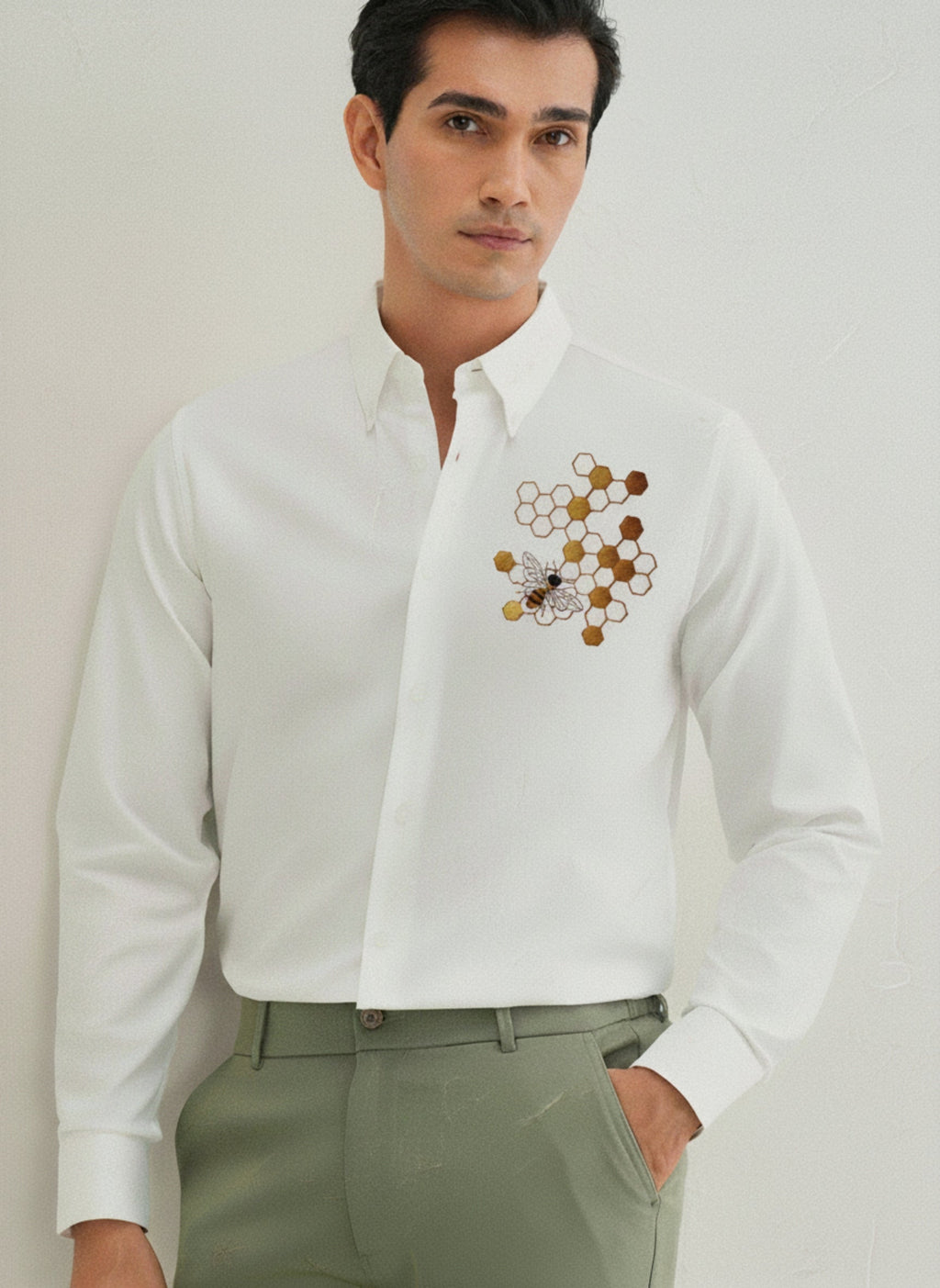 Men’s Honeycomb Embroidered Linen Shirt