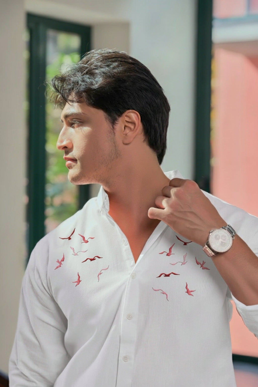 Men’s Seagull Embroidered Linen Shirt