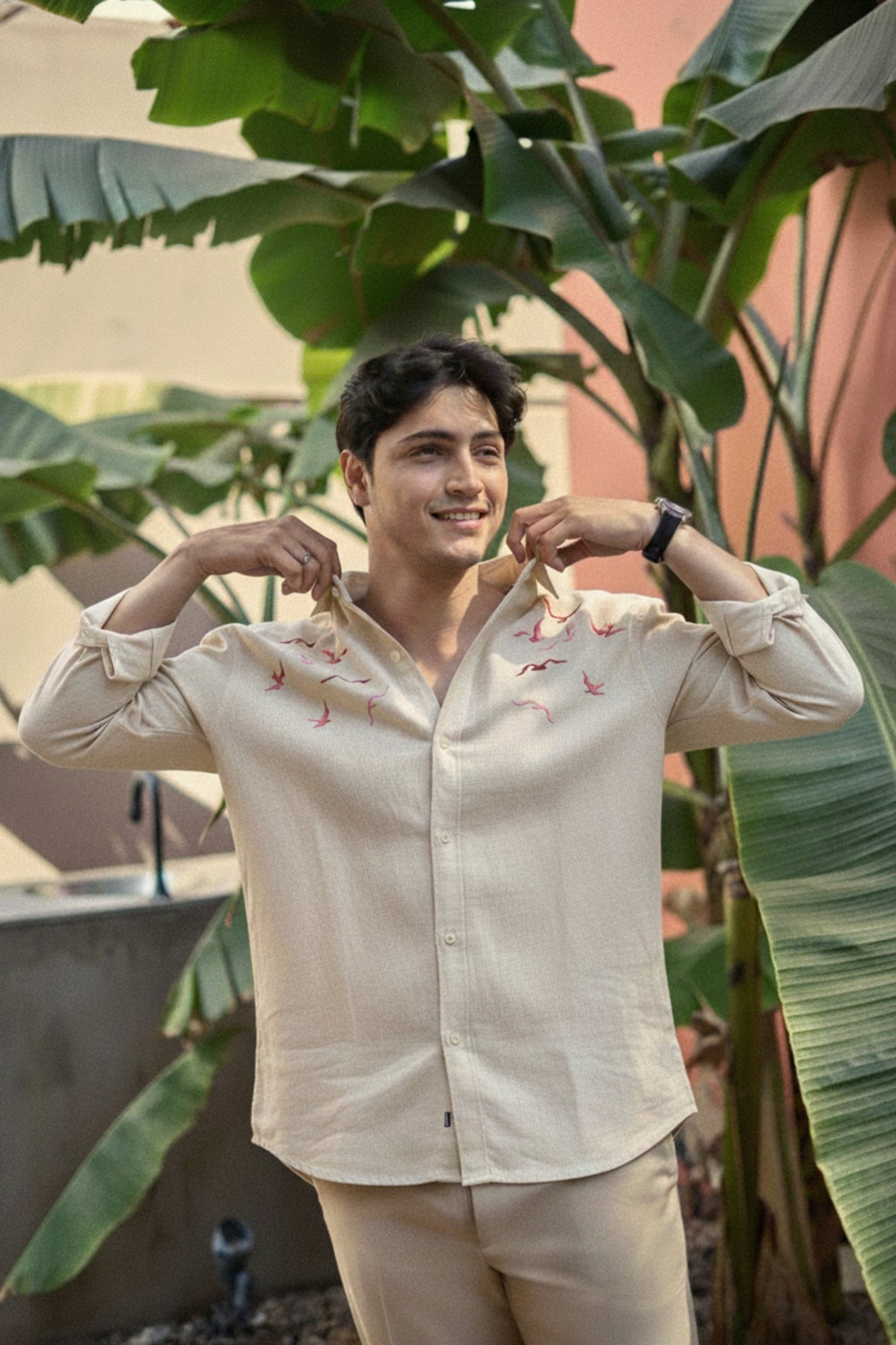 Men’s Seagull Embroidered Linen Shirt
