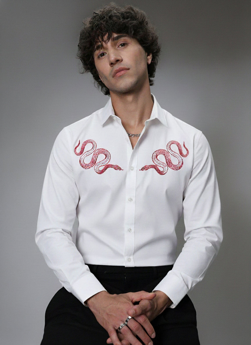 Men’s Pink Snake Embroidered Linen Shirt