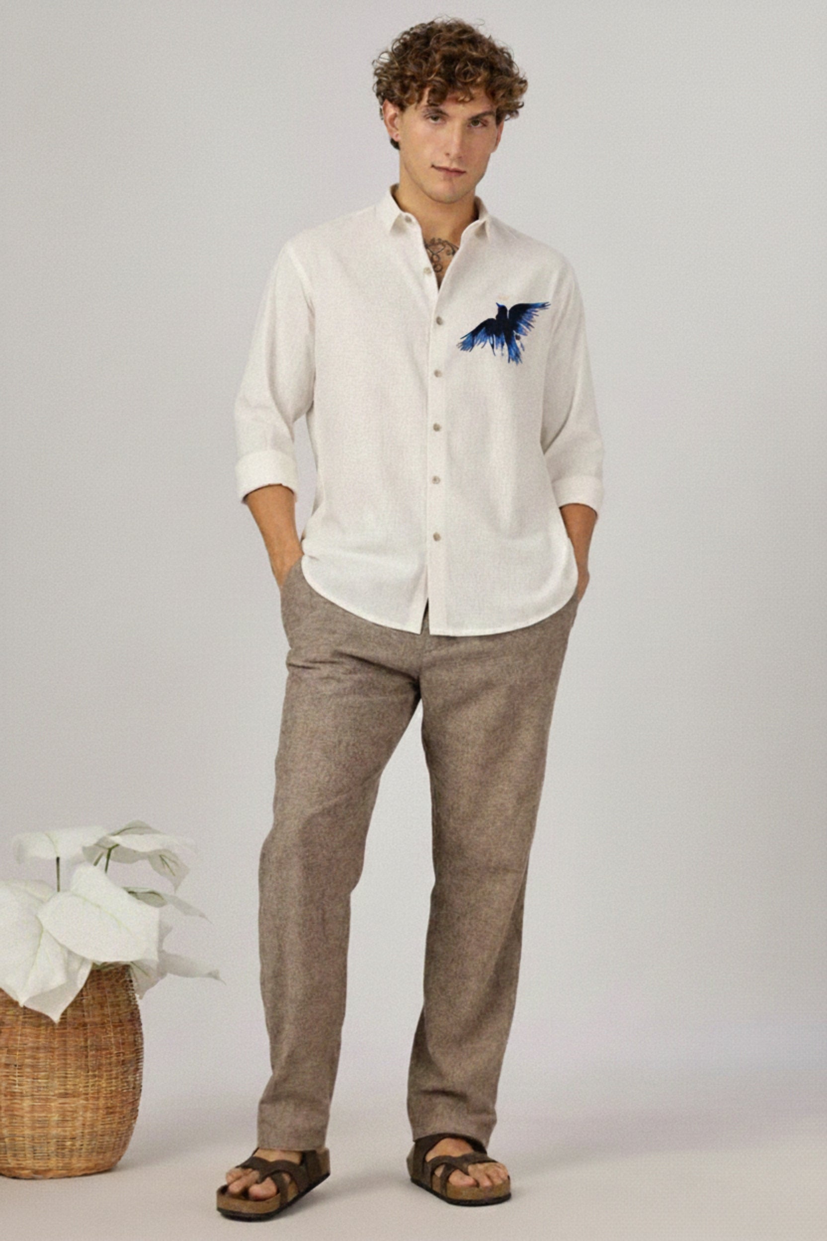 Men’s Blue Eagle Embroidered Linen Shirt
