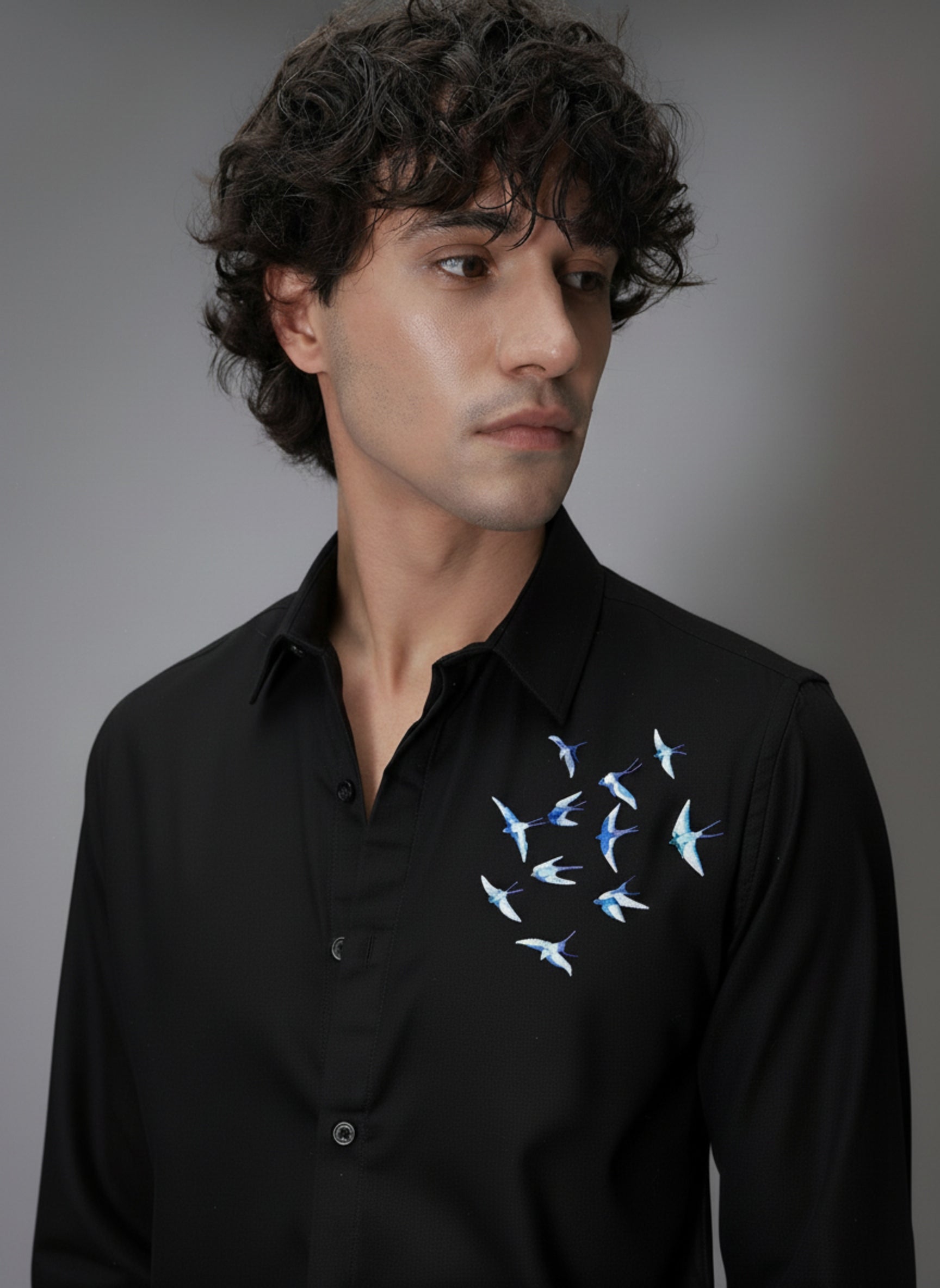 Men’s Blue Bird Embroidered Linen Shirt