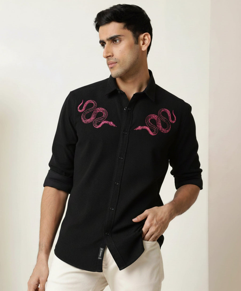 Men’s Pink Snake Embroidered Linen Shirt