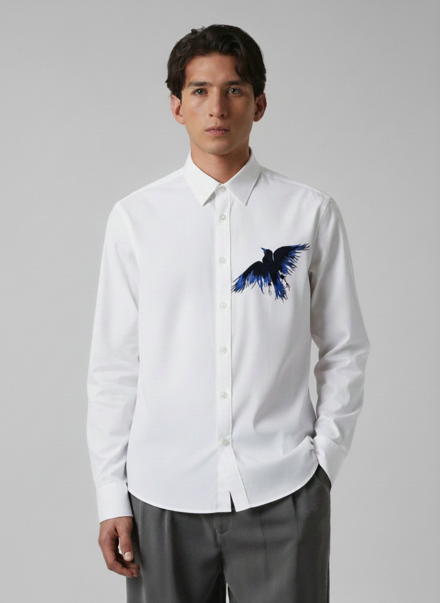 Men’s Blue Eagle Embroidered Linen Shirt