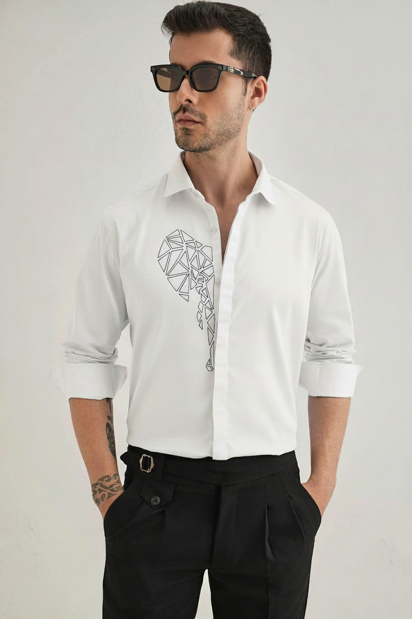 Men’s Geometric Elephant Embroidered Linen Shirt
