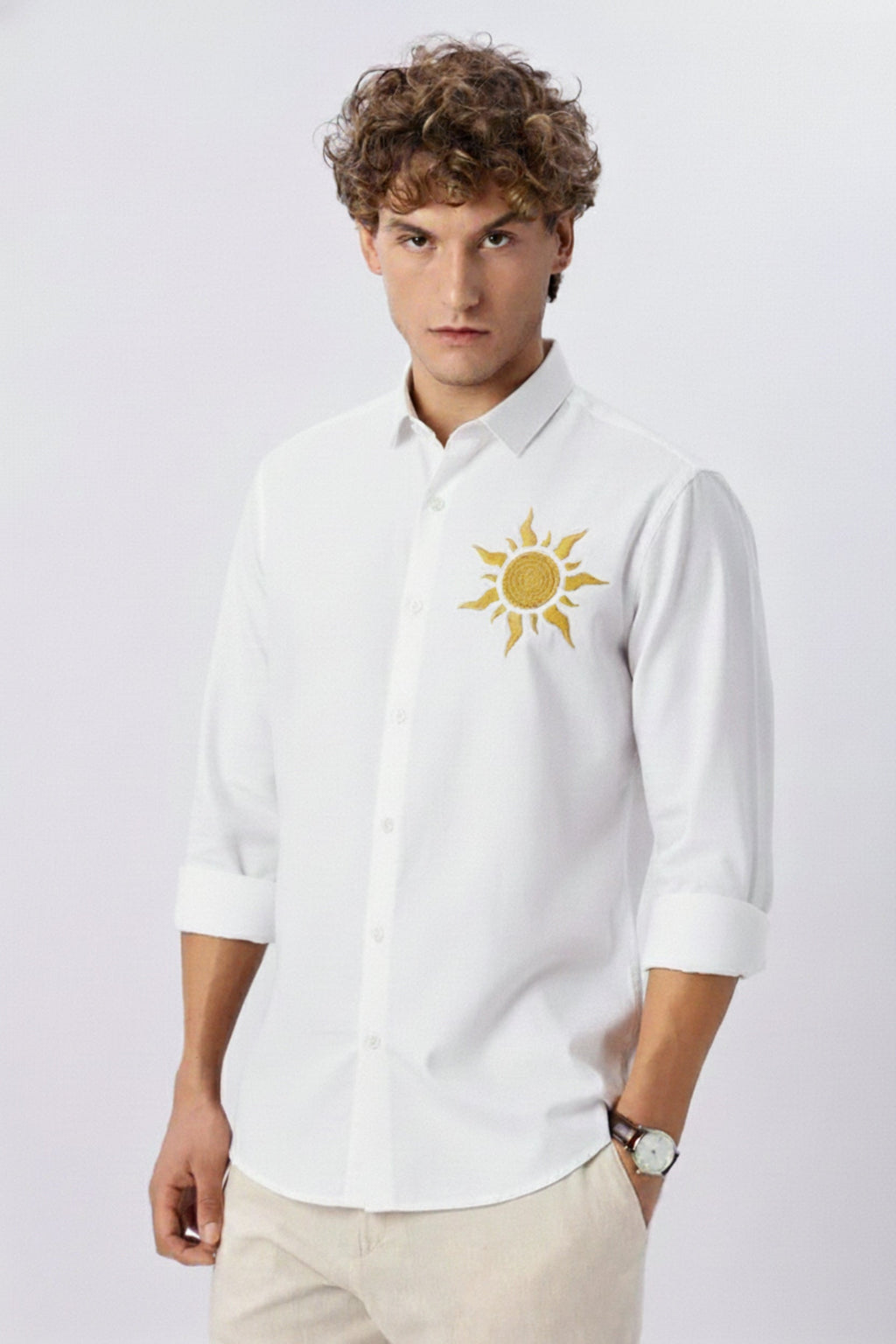 Men’s Golden Sun Embroidered Linen Shirt