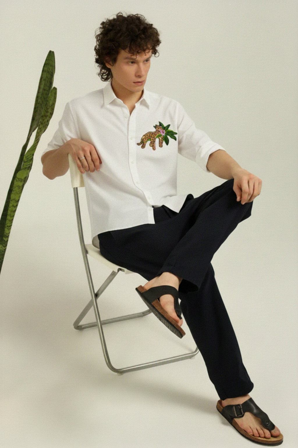 Men’s Leopard Embroidered Linen Shirt