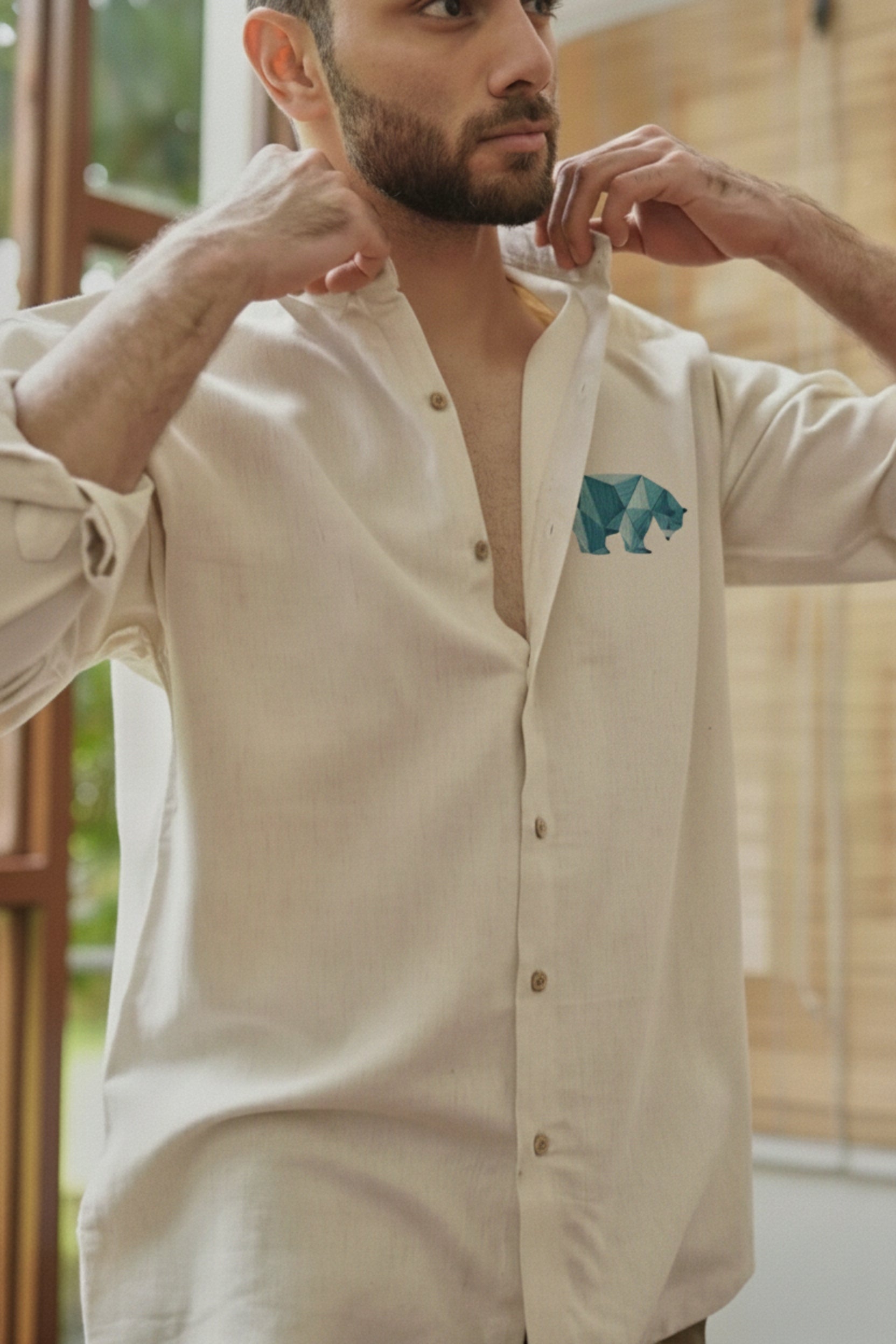 Men’s Bear Embroidered Linen Shirt