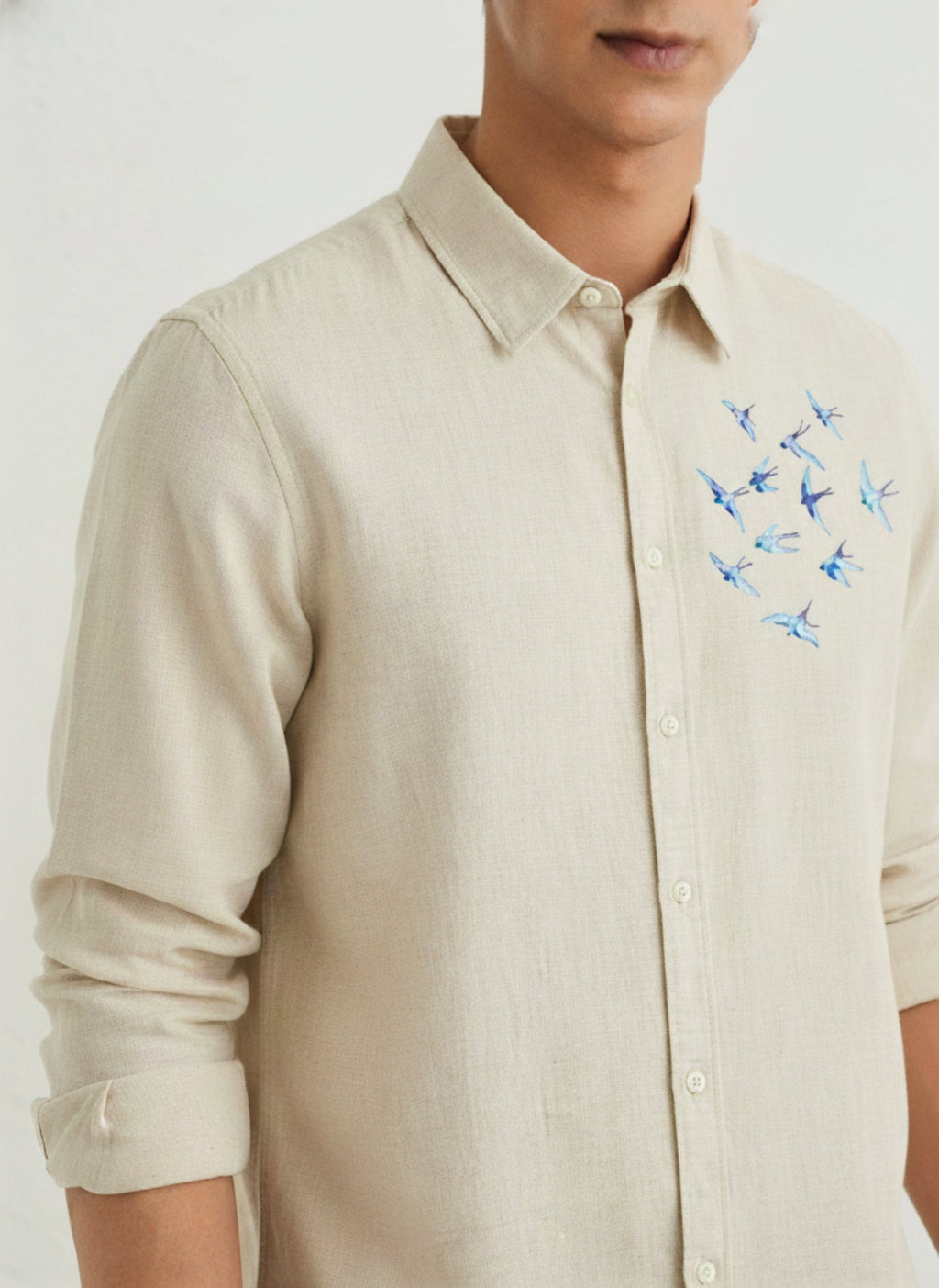 Men’s Blue Bird Embroidered Linen Shirt