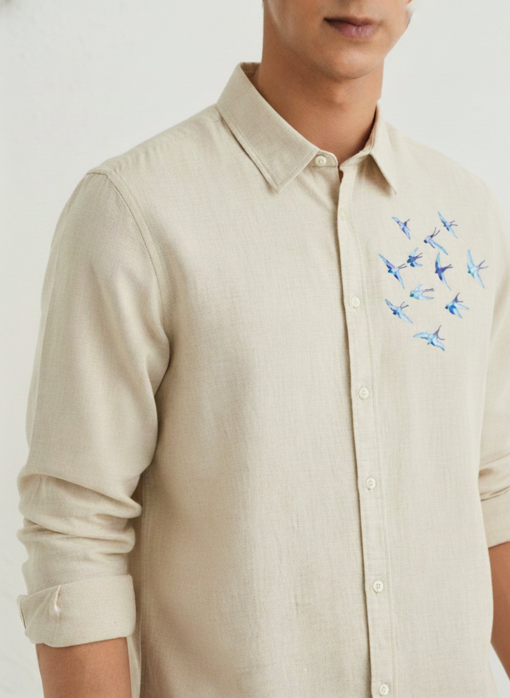 Men’s Blue Bird Embroidered Linen Shirt
