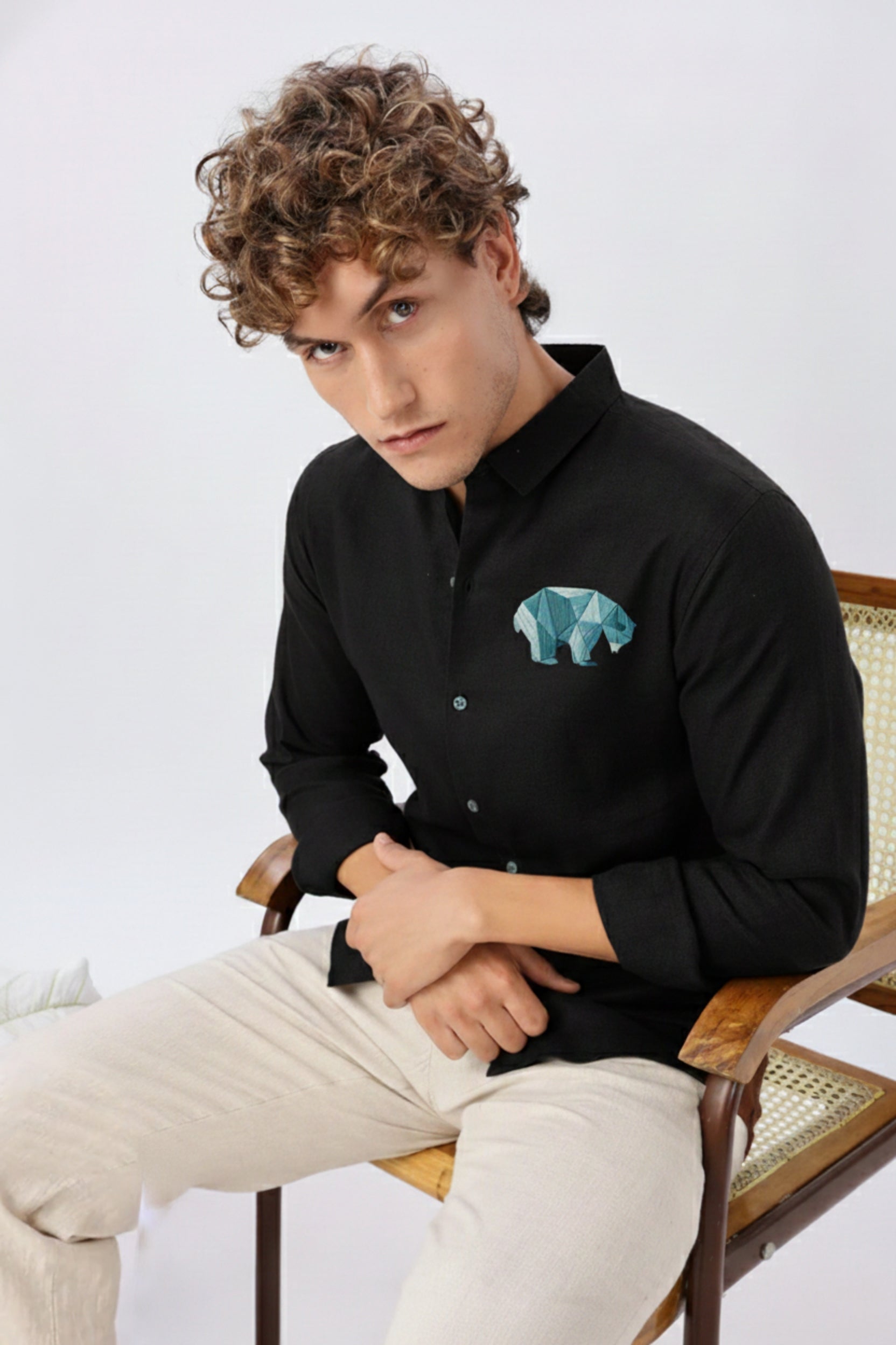 Men’s Bear Embroidered Linen Shirt