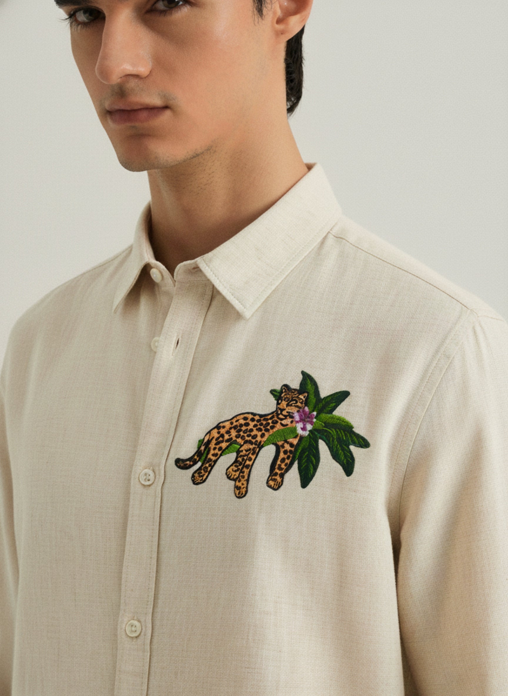 Men’s Leopard Embroidered Linen Shirt
