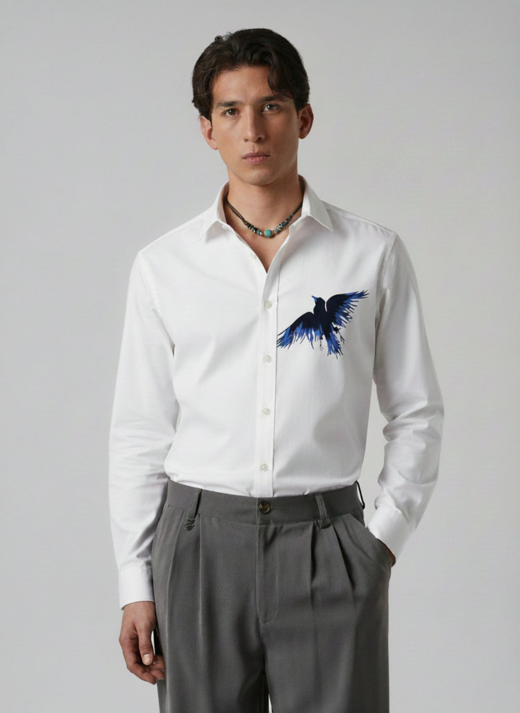 Men’s Blue Eagle Embroidered Linen Shirt