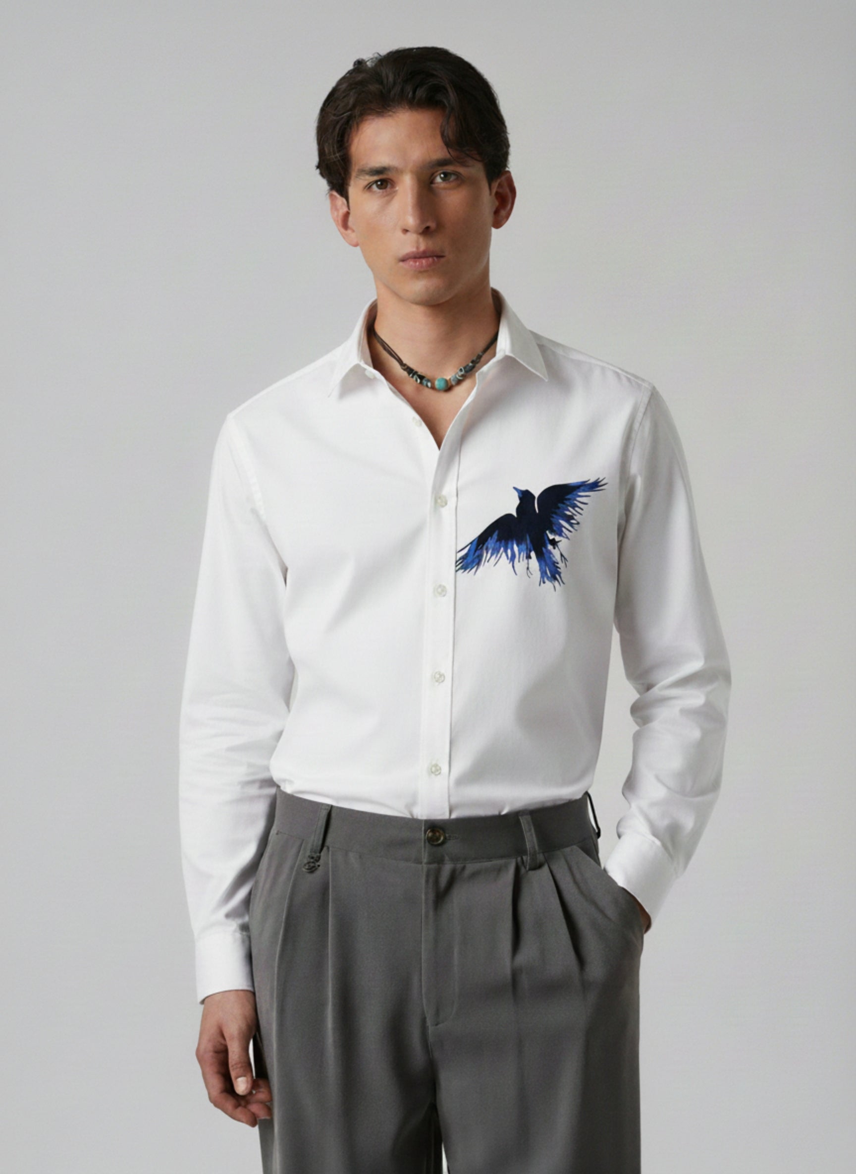 Men’s Blue Eagle Embroidered Linen Shirt