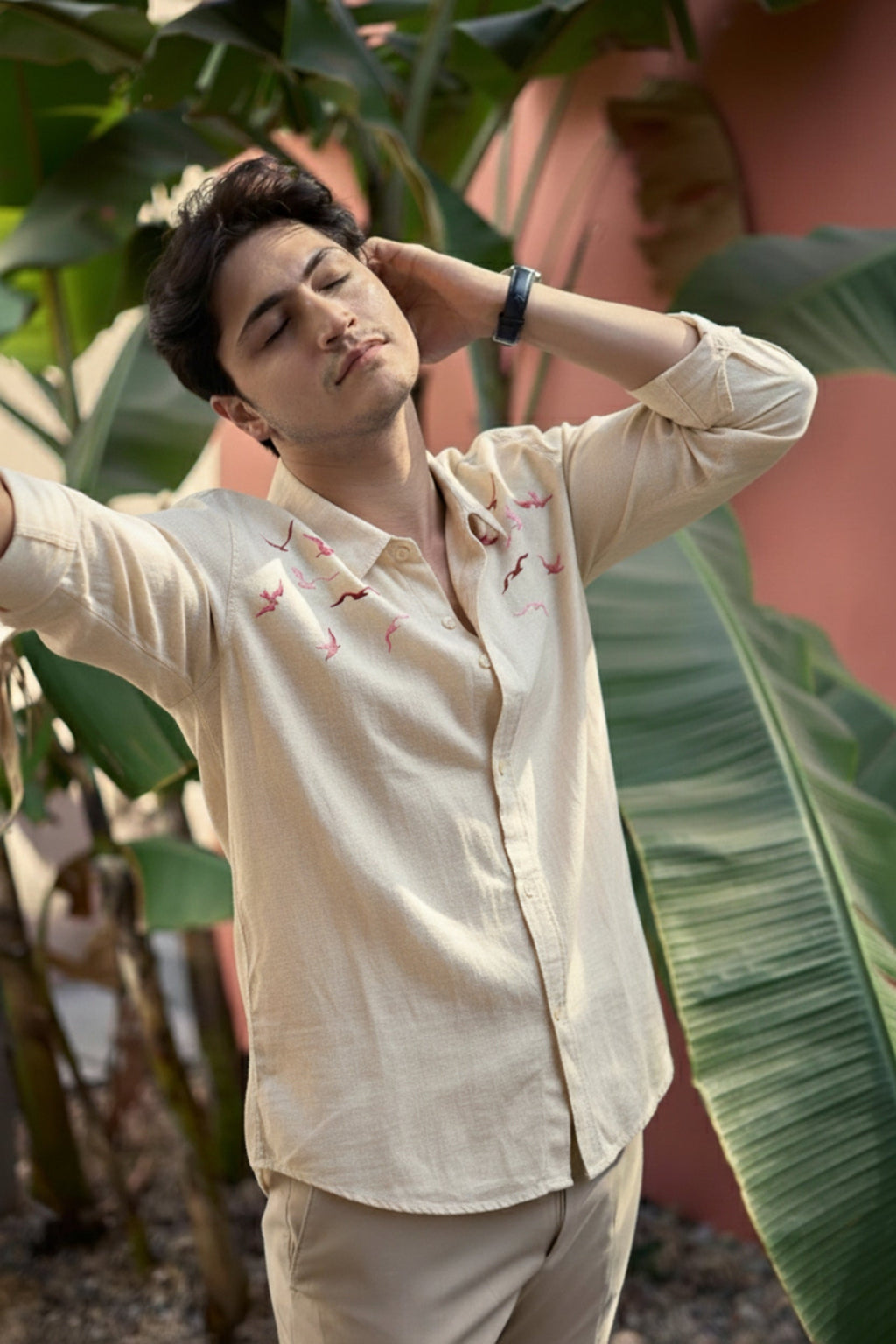 Men’s Seagull Embroidered Linen Shirt