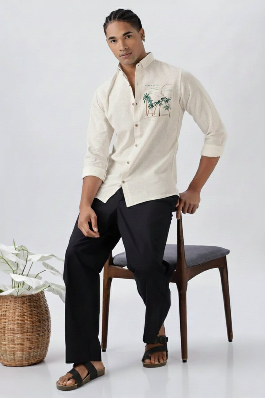 Men’s Landscape Embroidered Linen Shirt