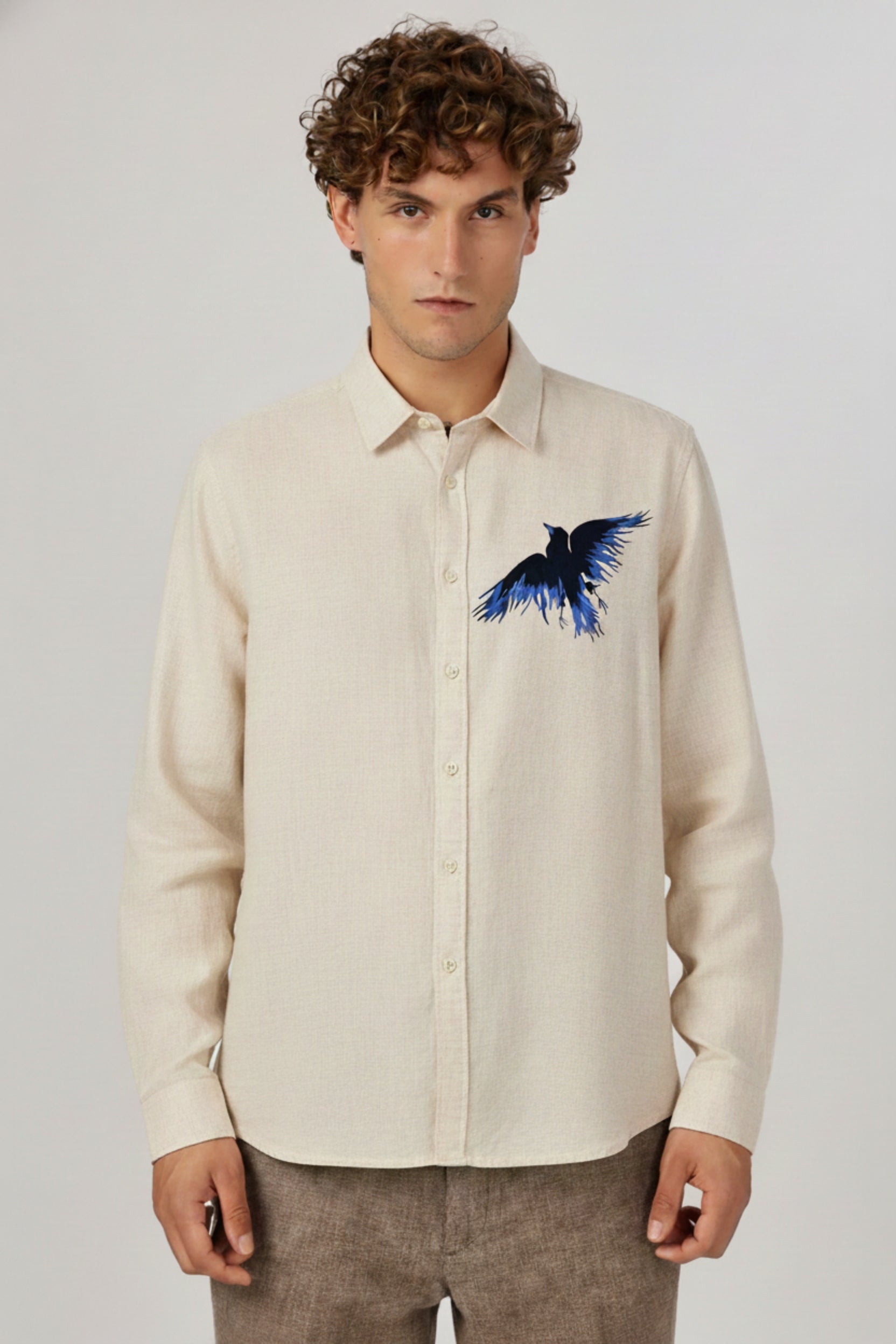 Men’s Blue Eagle Embroidered Linen Shirt