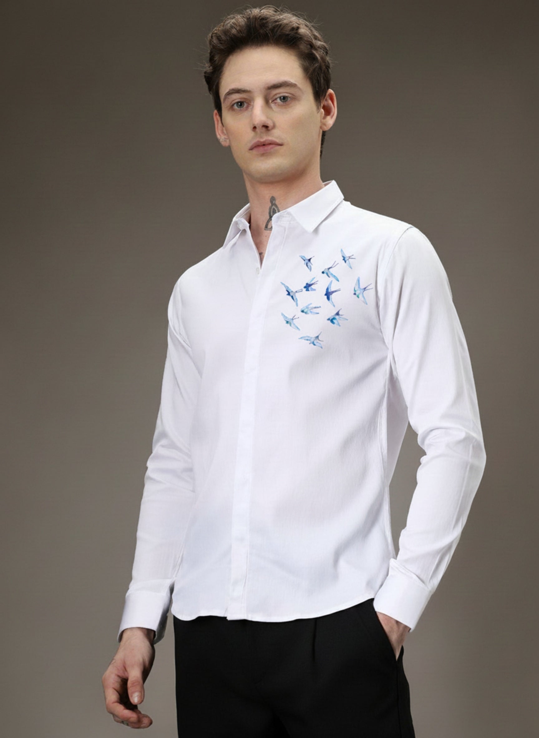 Men’s Blue Bird Embroidered Linen Shirt